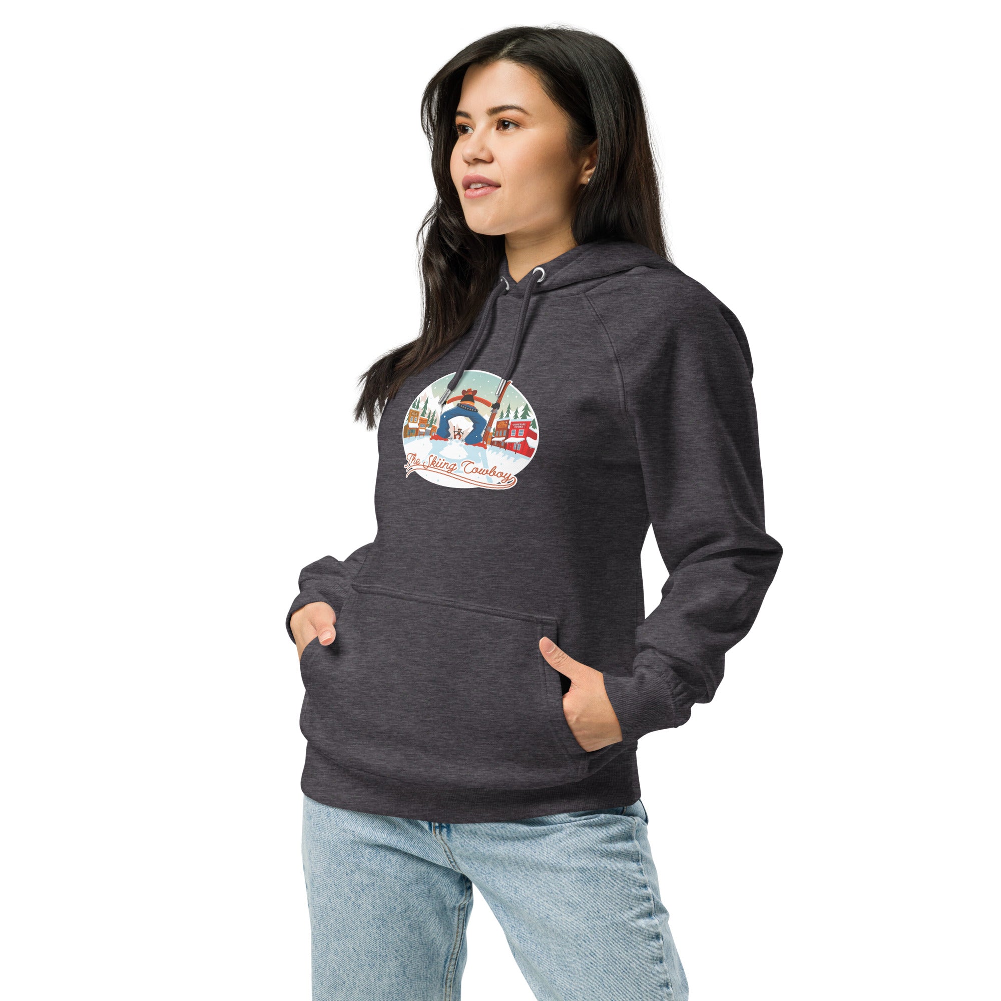 Unisex eco raglan hoodie Skiing Duel (front & back)