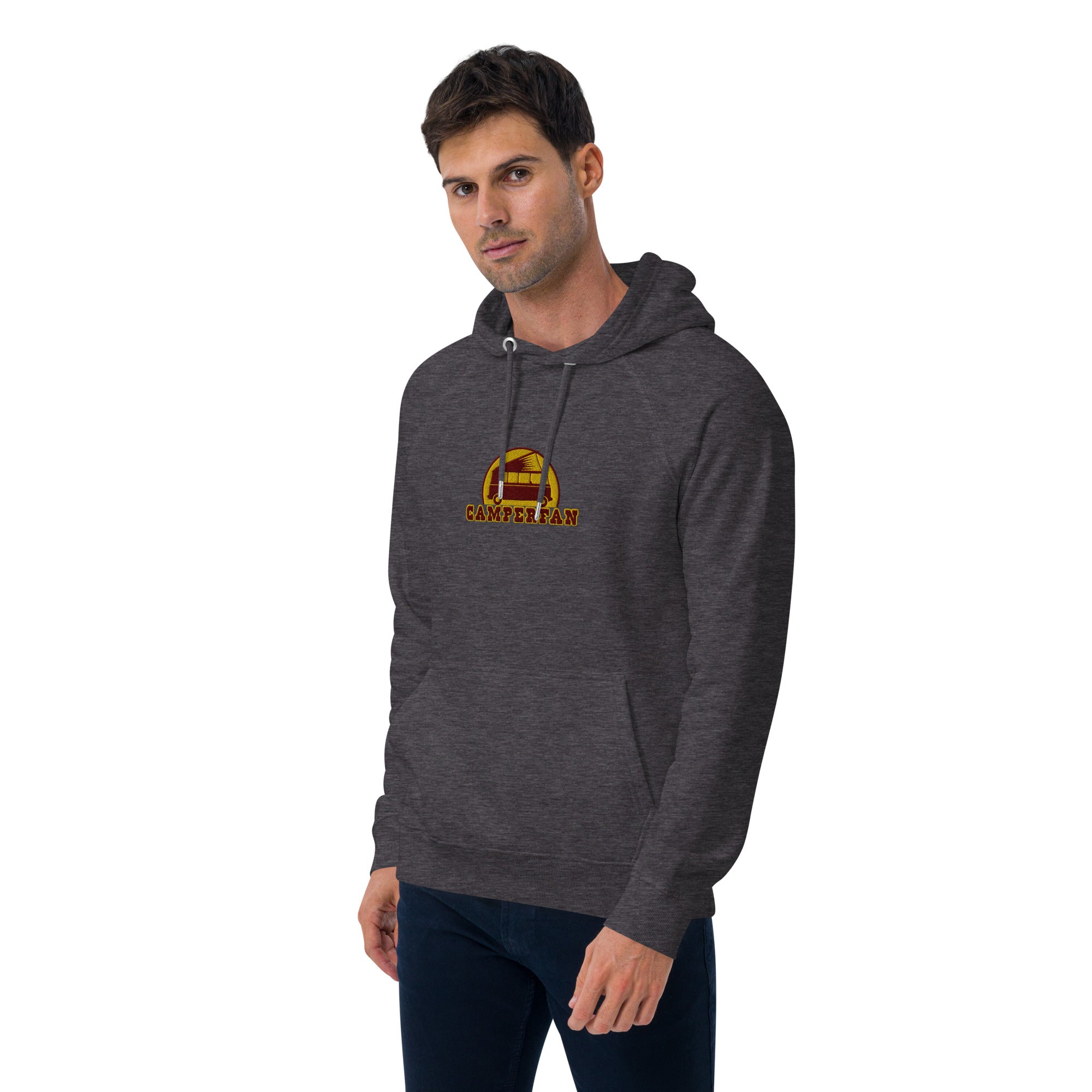 Unisex eco raglan hoodie maroon/gold embroidered pattern