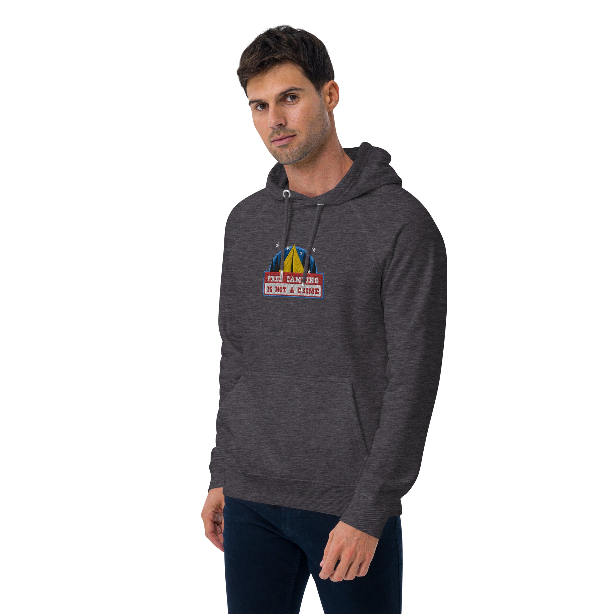 Unisex eco raglan hoodie Free camping is not a crime graphic multicolor embroidered pattern