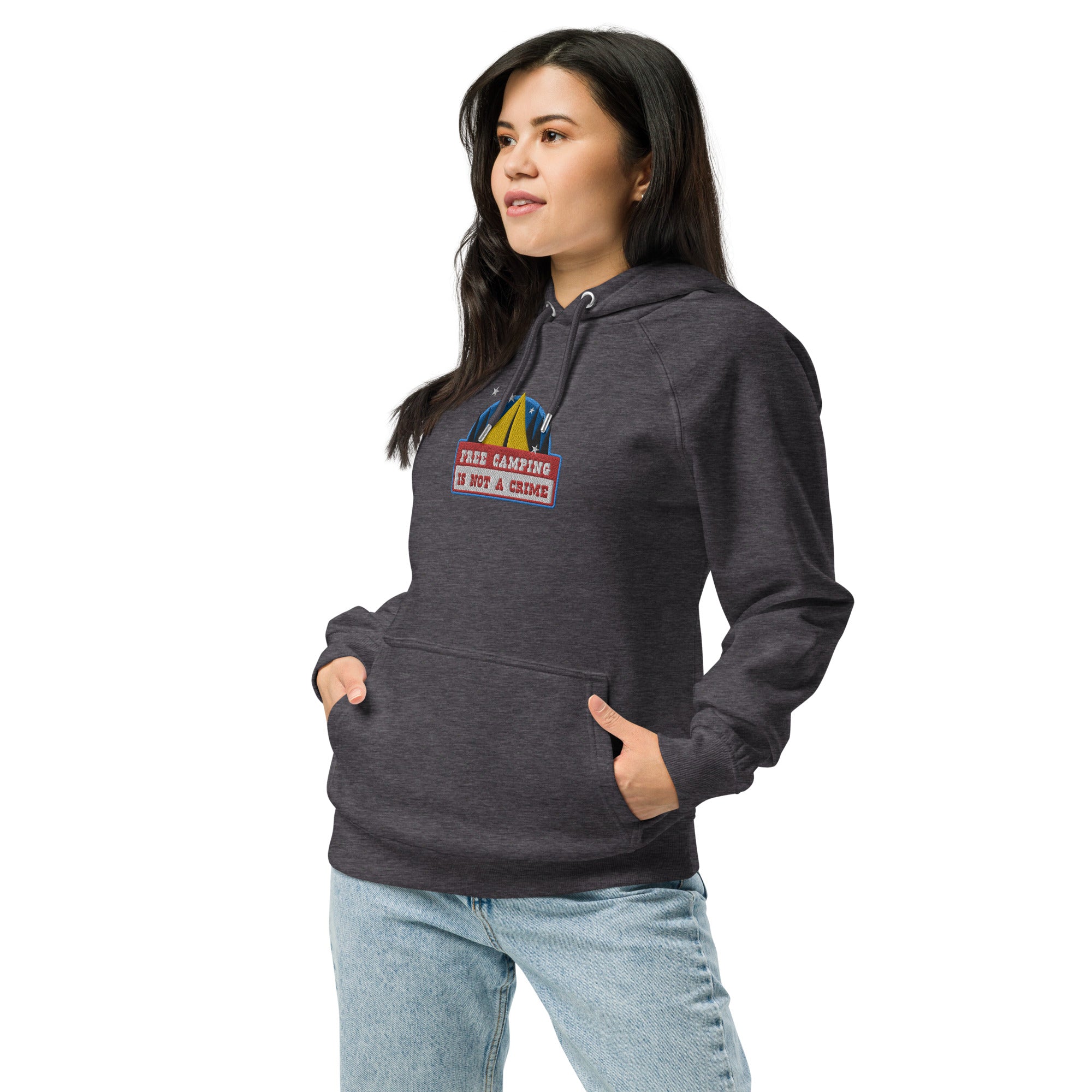 Unisex eco raglan hoodie Free camping is not a crime graphic multicolor embroidered pattern