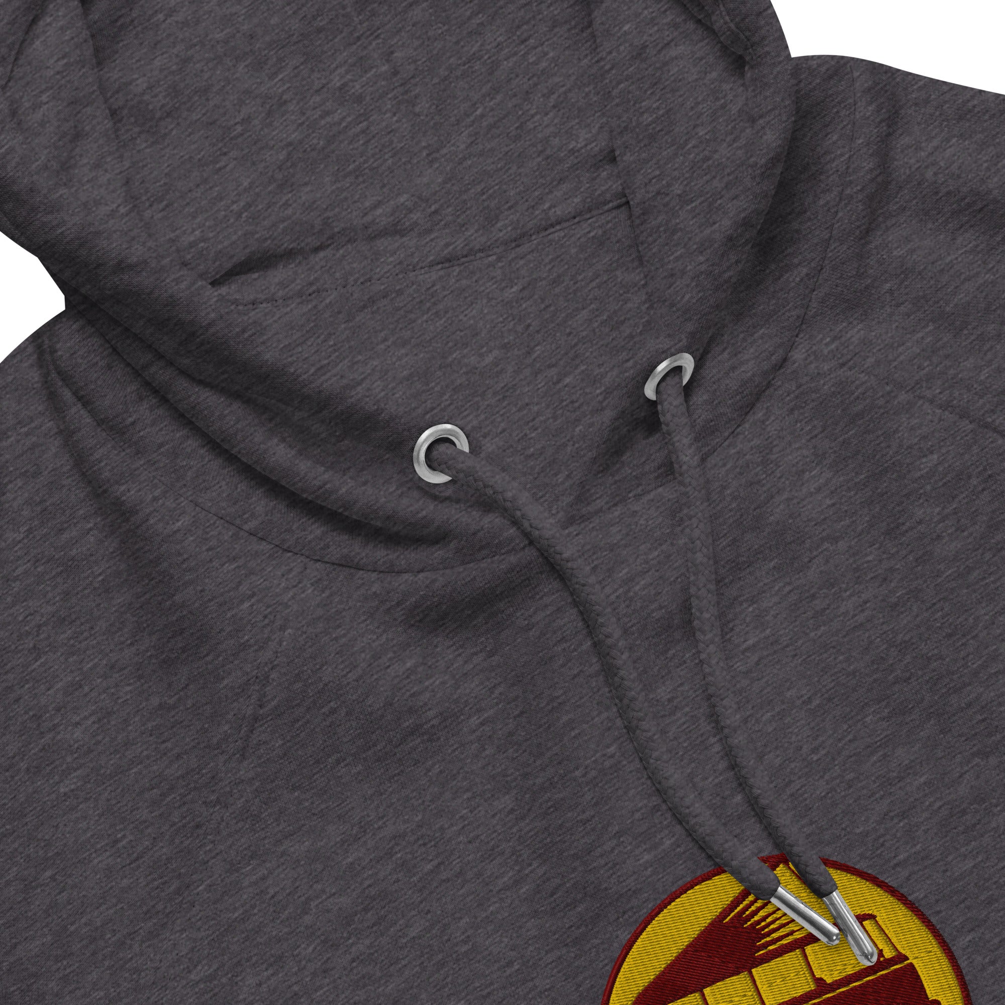 Unisex eco raglan hoodie maroon/gold embroidered pattern