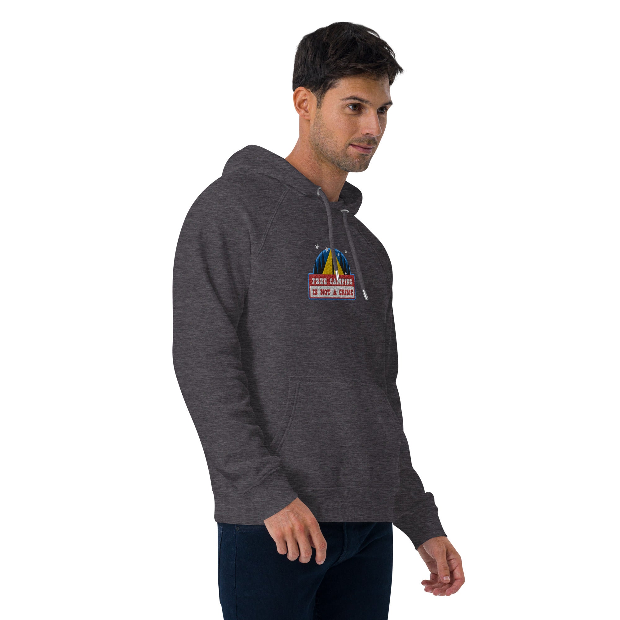 Unisex eco raglan hoodie Free camping is not a crime graphic multicolor embroidered pattern