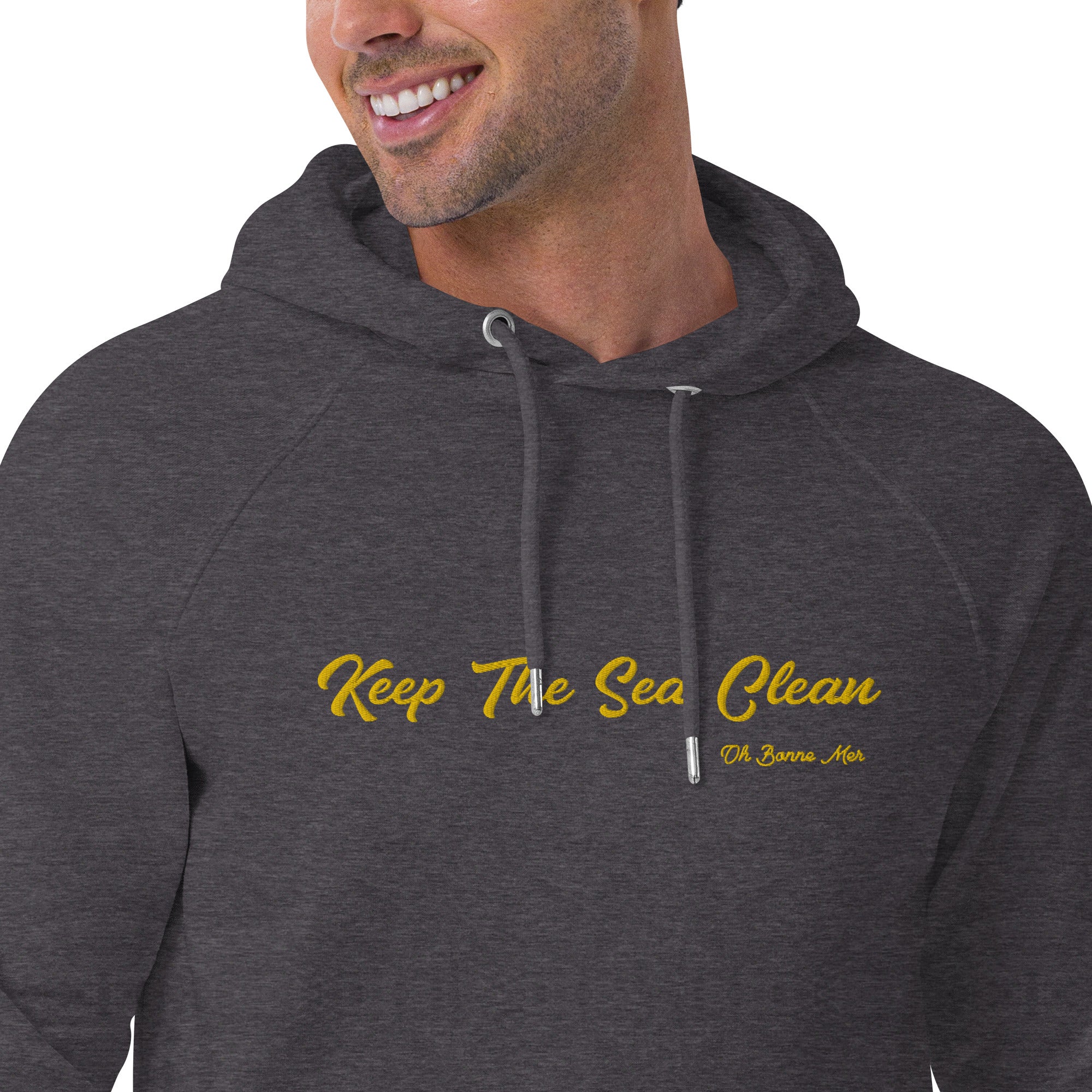 Unisex eco raglan hoodie Keep The Sea Clean large gold embroidered pattern