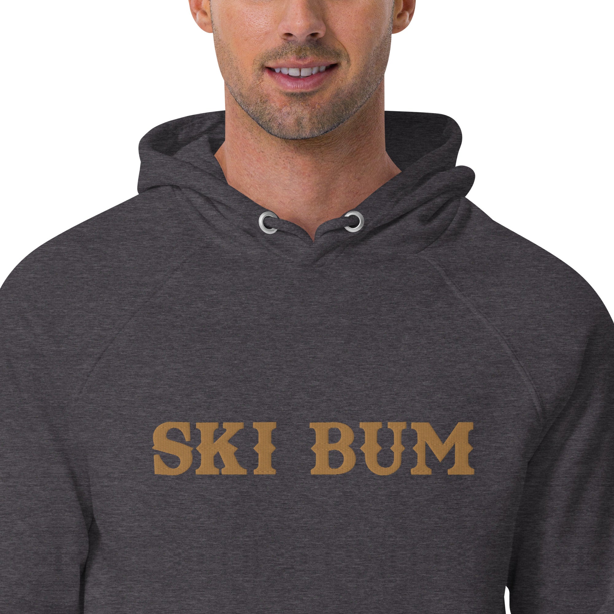 Unisex eco raglan hoodie Ski Bum large old gold embroidered pattern