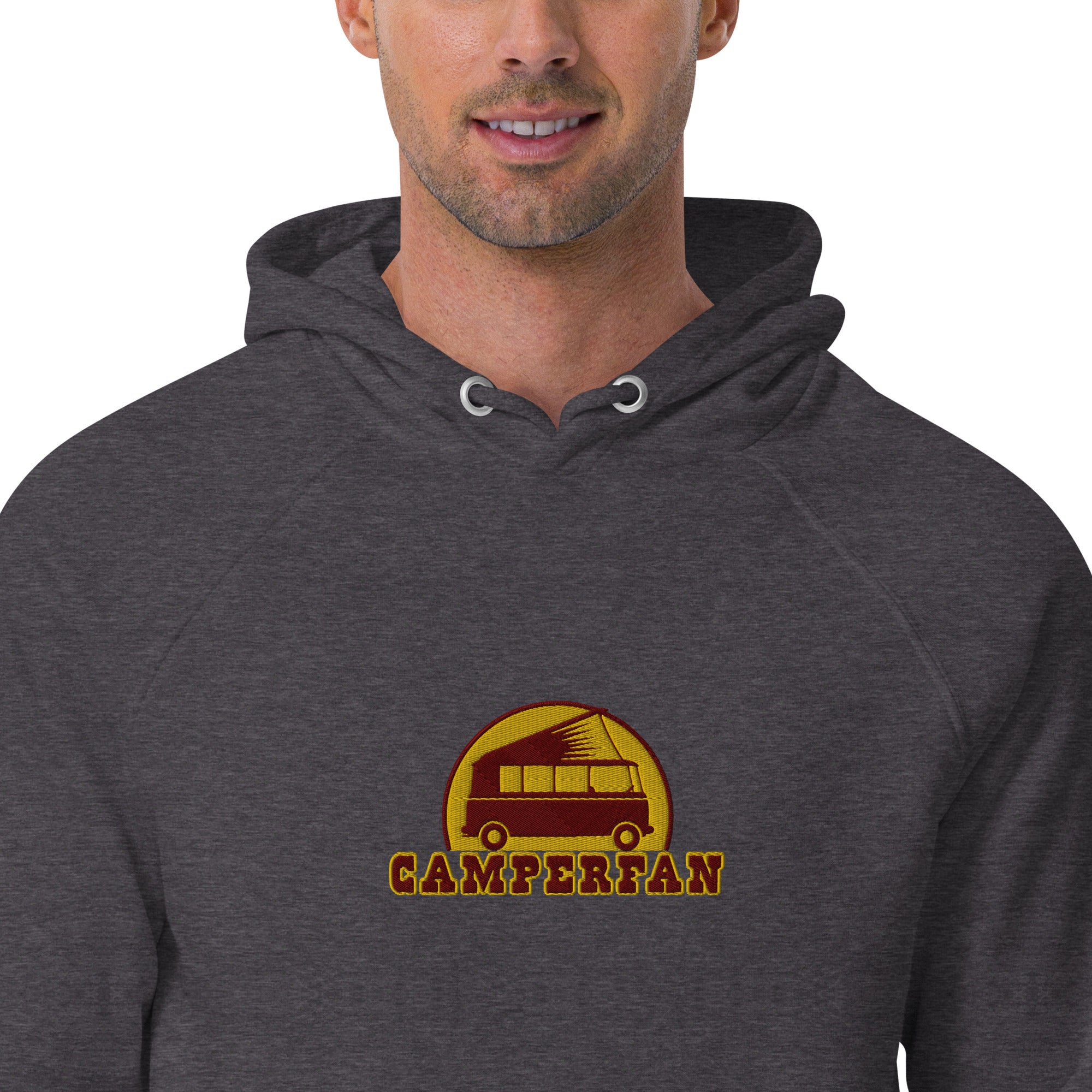 Unisex eco raglan hoodie maroon/gold embroidered pattern