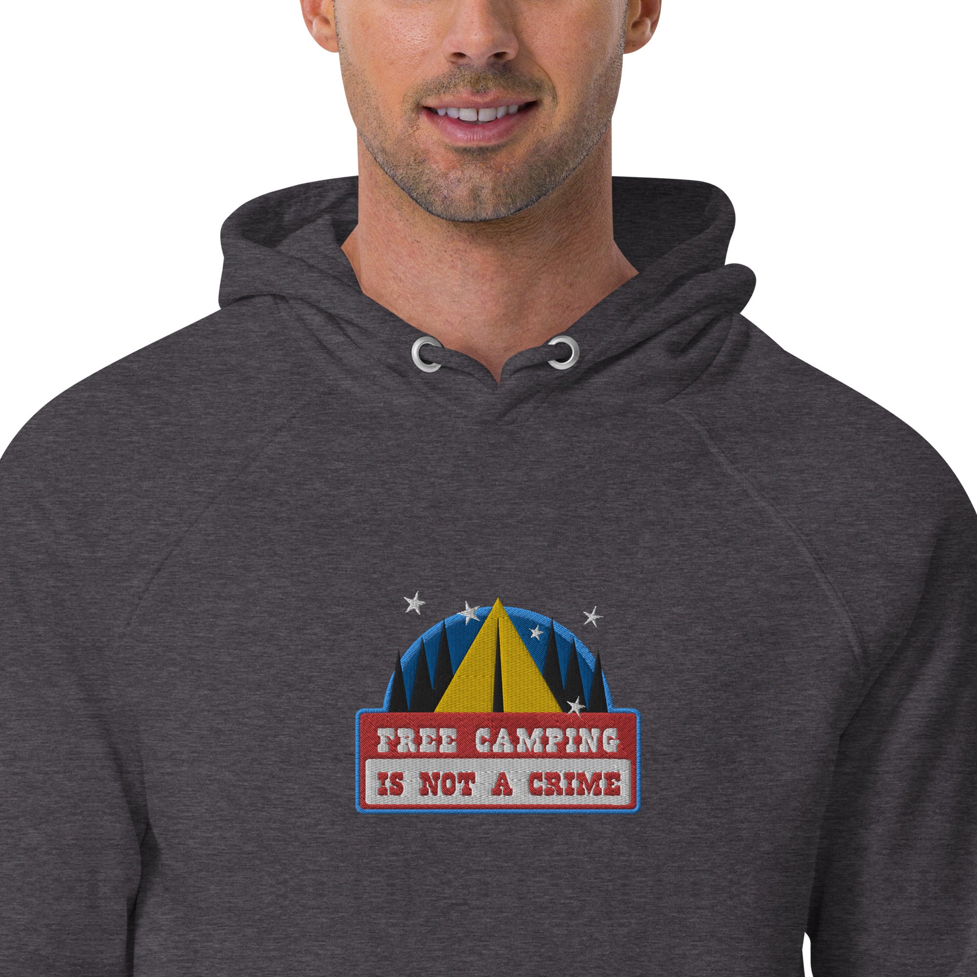 Unisex eco raglan hoodie Free camping is not a crime graphic multicolor embroidered pattern