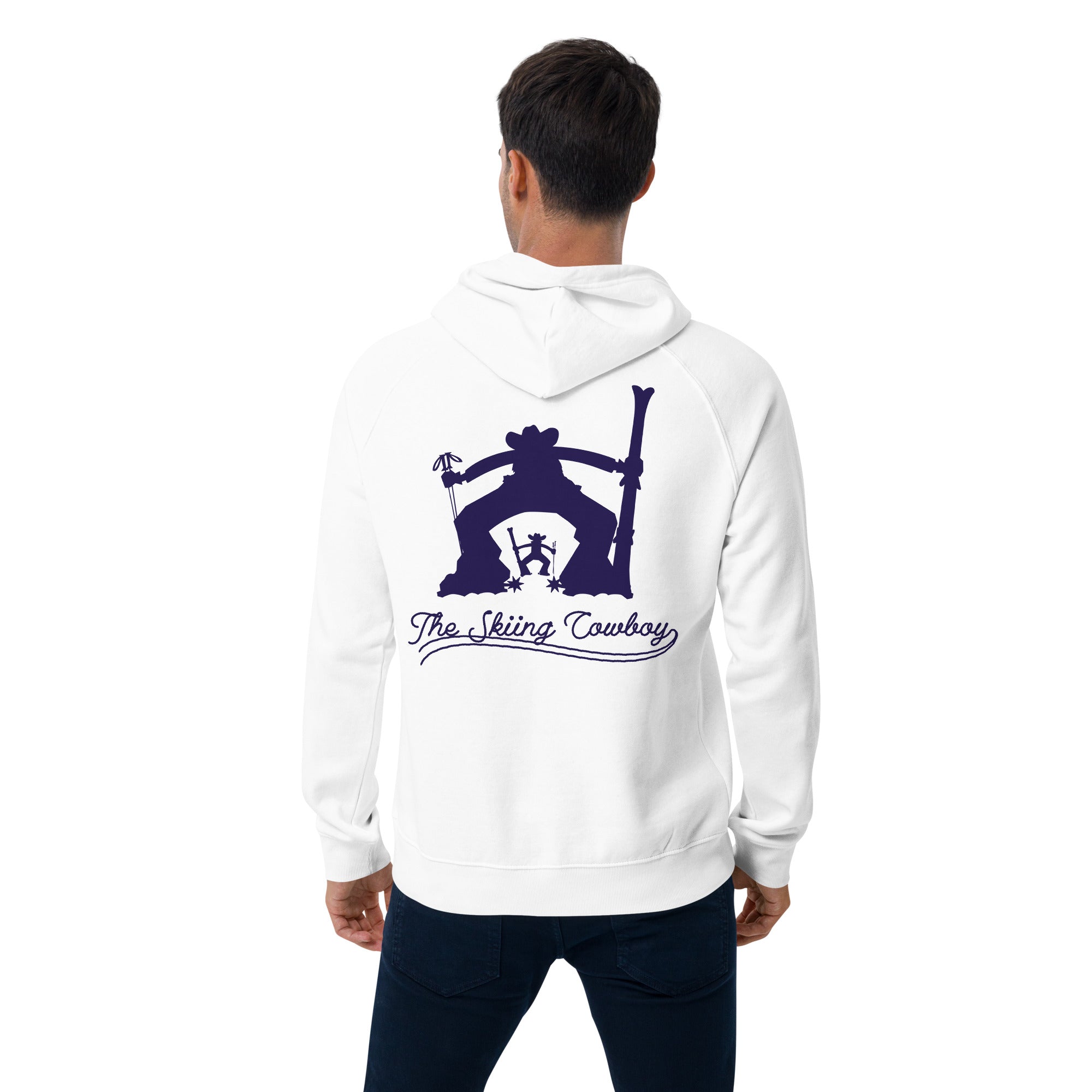 Unisex eco raglan hoodie The Skiing Cowboy Duel Silhouette (front & back)