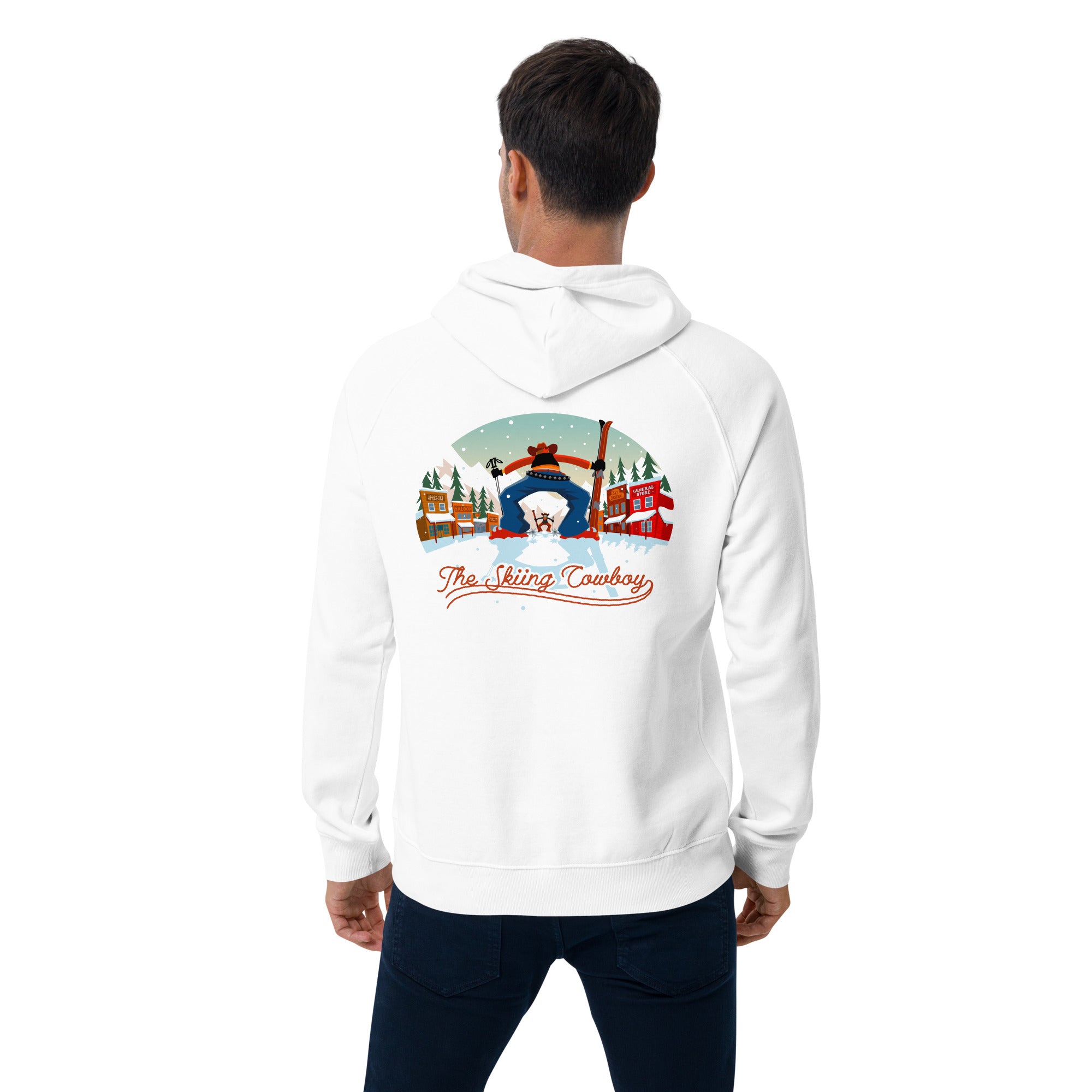 Unisex eco raglan hoodie Skiing Duel (front & back)