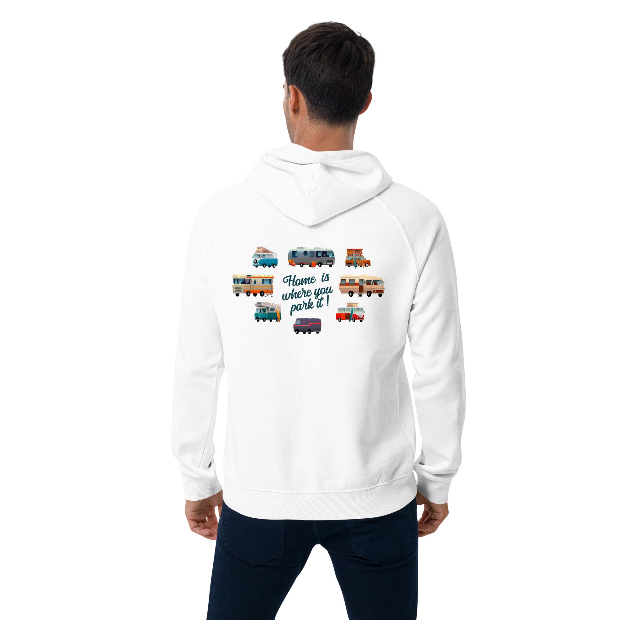 Sweat à capuche écologique Raglan unisexe Square Vintage Campers Home is where you park it brodé blanc