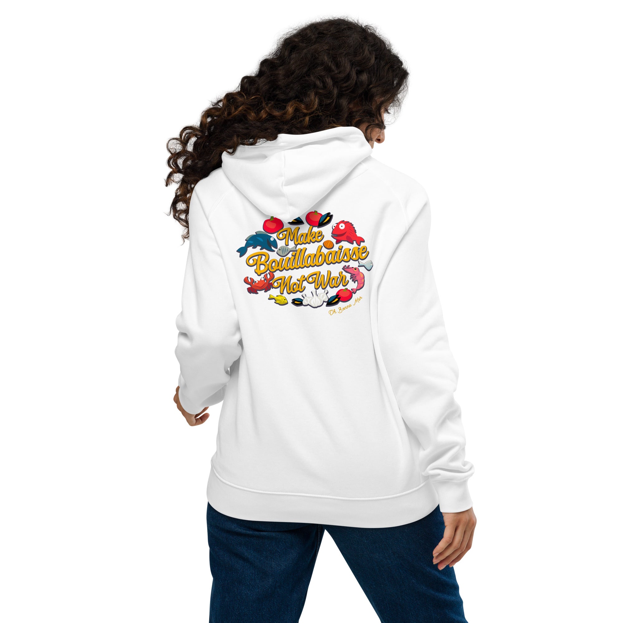 Unisex eco raglan hoodie Make Bouillabaisse Not War embroidered pattern (front) + print (back)