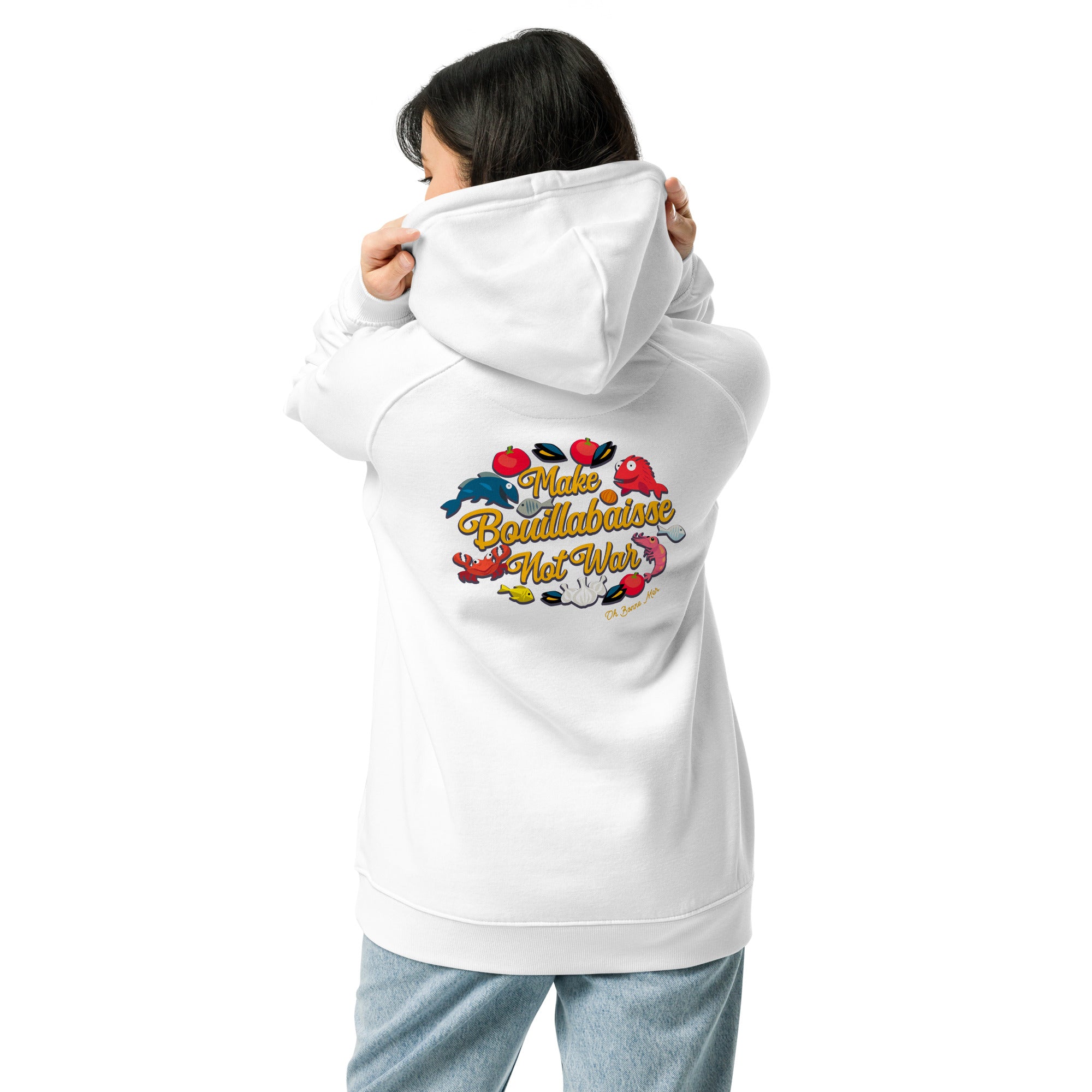 Unisex eco raglan hoodie Make Bouillabaisse Not War embroidered pattern (front) + print (back)