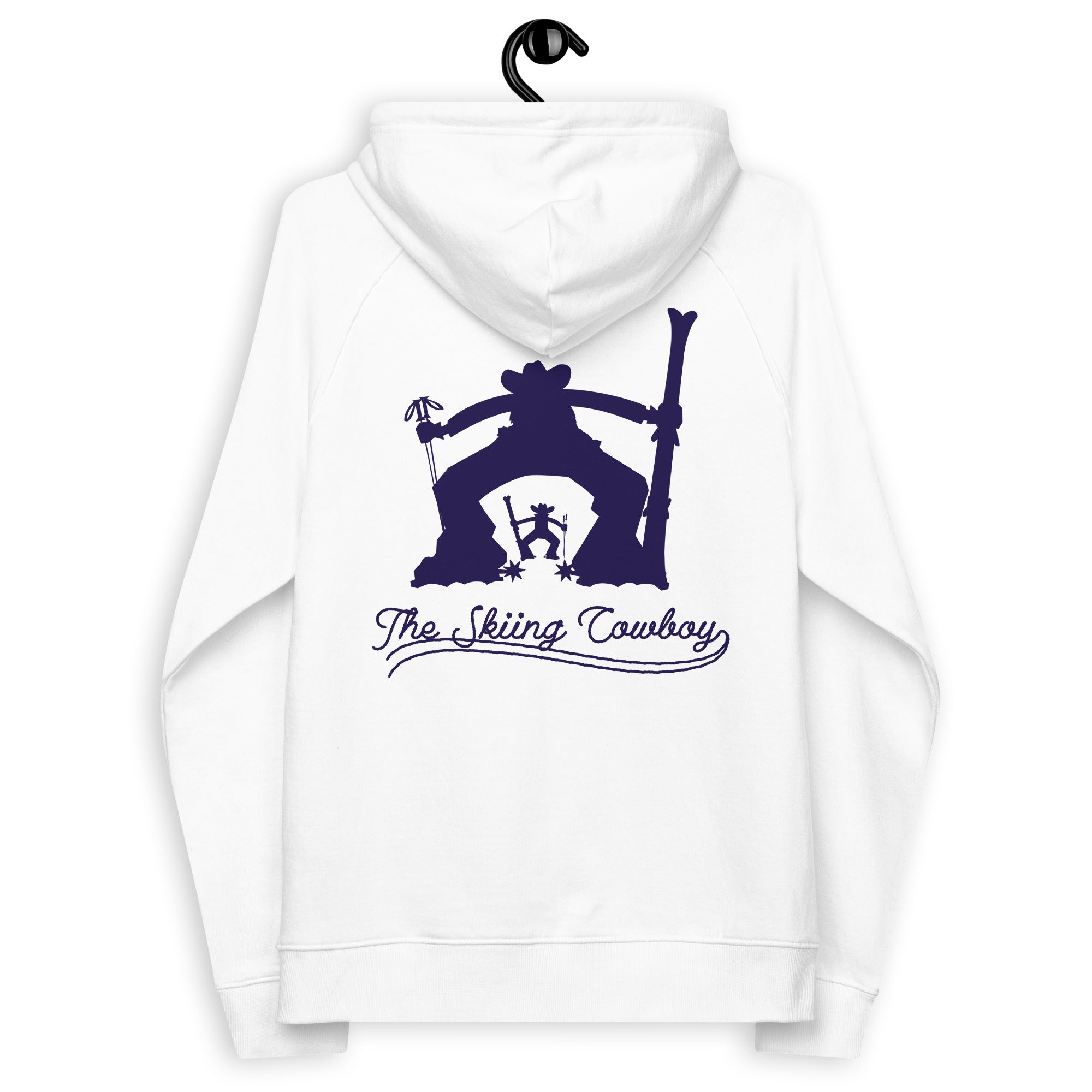 Unisex eco raglan hoodie The Skiing Cowboy Duel Silhouette (front & back)