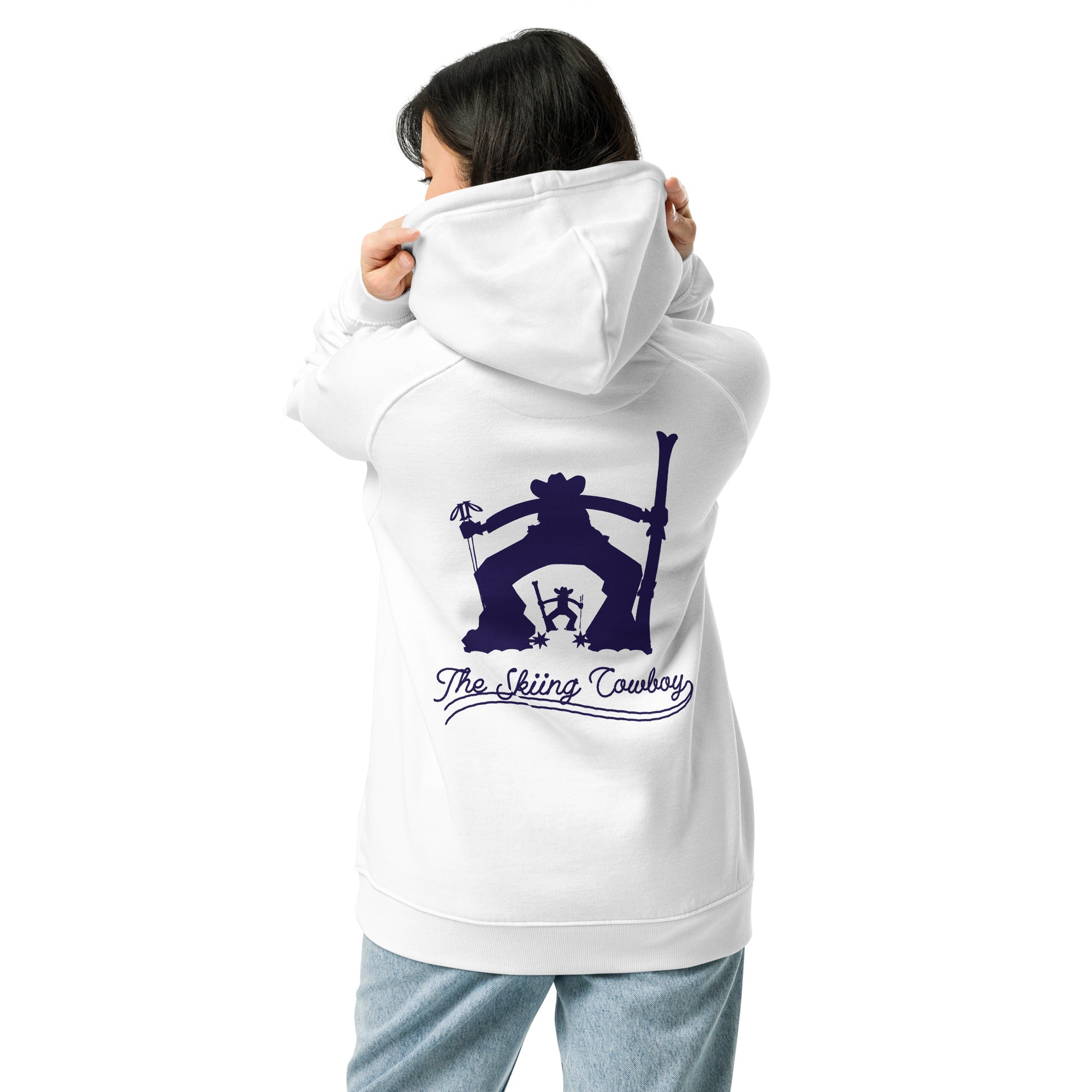 Unisex eco raglan hoodie The Skiing Cowboy Duel Silhouette (front & back)