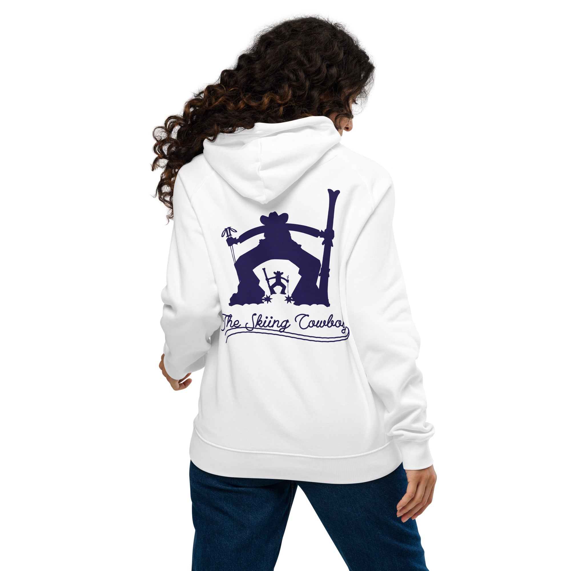 Unisex eco raglan hoodie The Skiing Cowboy Duel Silhouette (front & back)