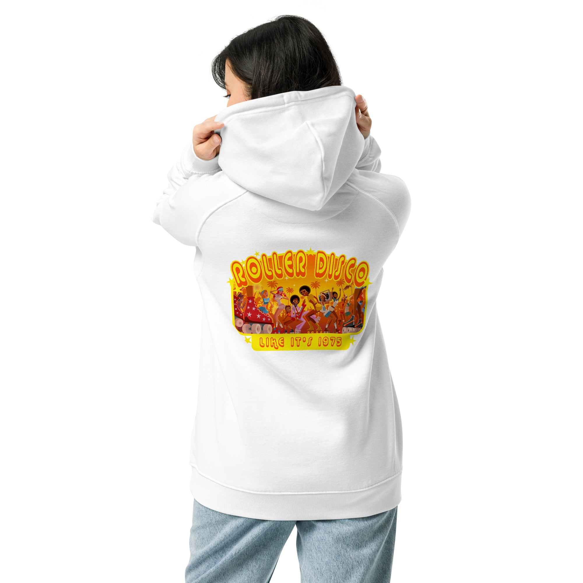 Unisex eco raglan hoodie Roller Disco (front & back)