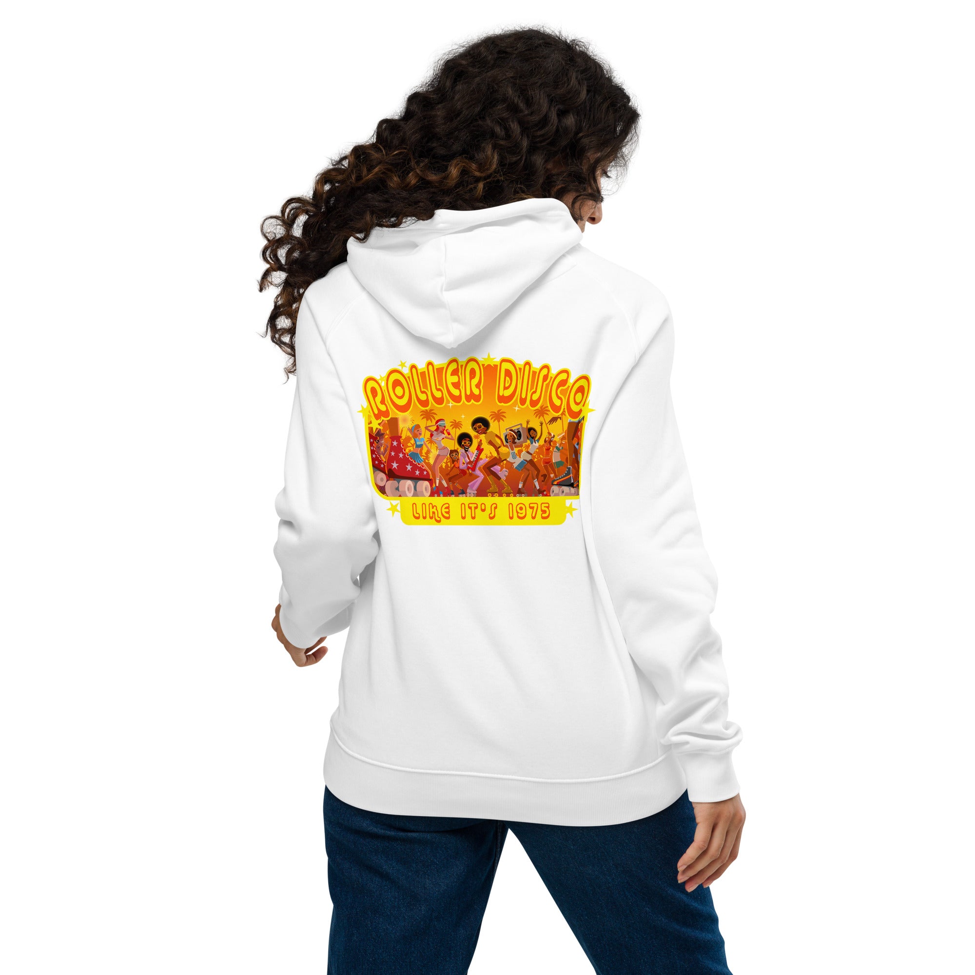 Unisex eco raglan hoodie Roller Disco (front & back)