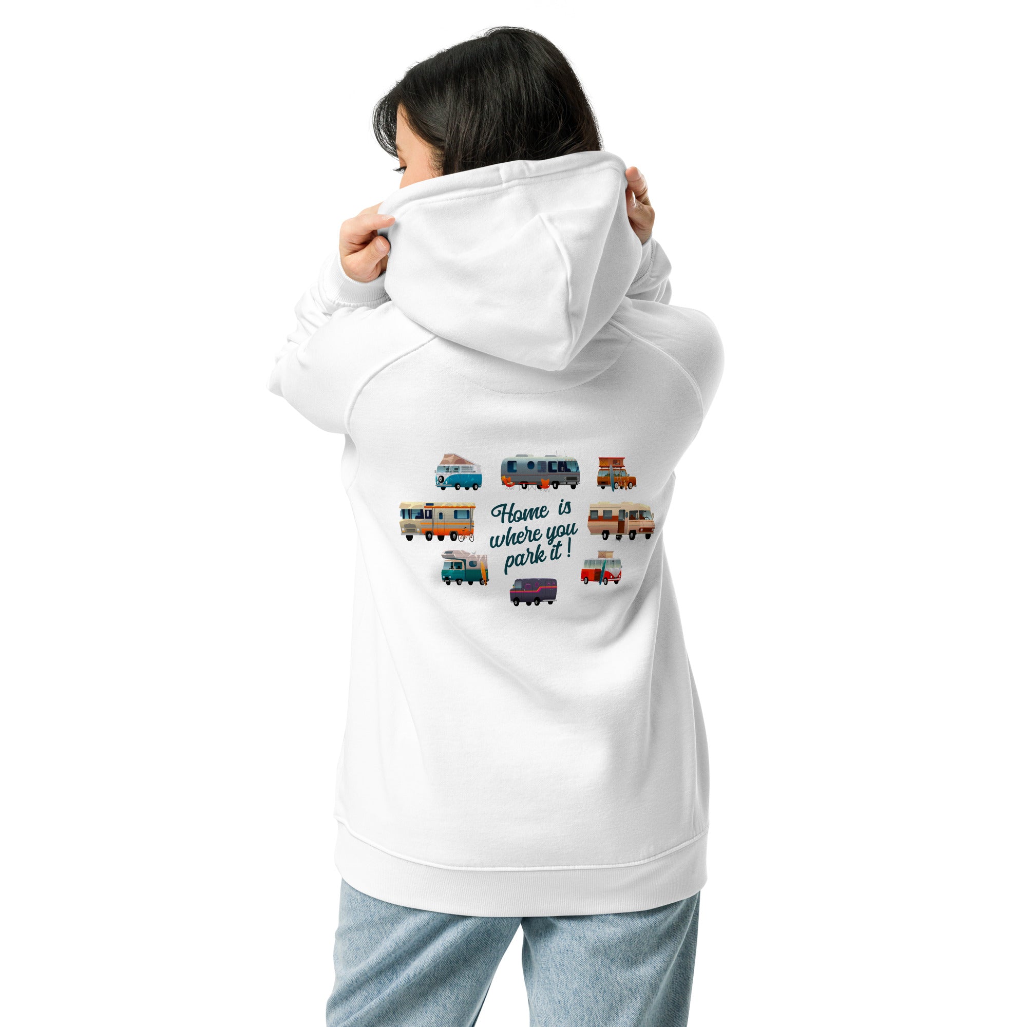 Unisex eco raglan hoodie Square Vintage Campers Home is where you park it white embroidered pattern