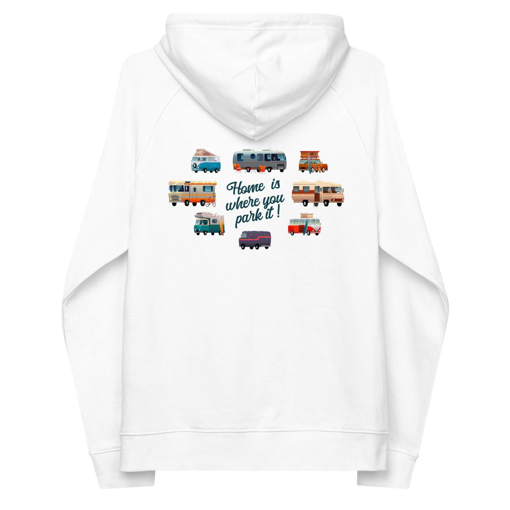 Sweat à capuche écologique Raglan unisexe Square Vintage Campers Home is where you park it brodé blanc