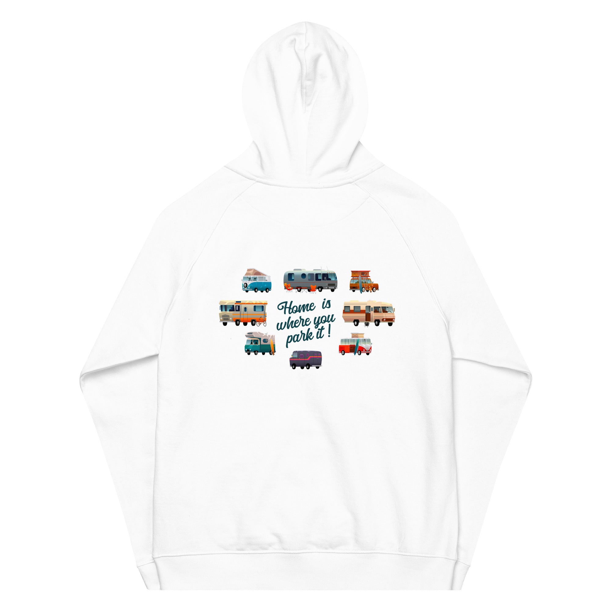 Sweat à capuche écologique Raglan unisexe Square Vintage Campers Home is where you park it brodé blanc