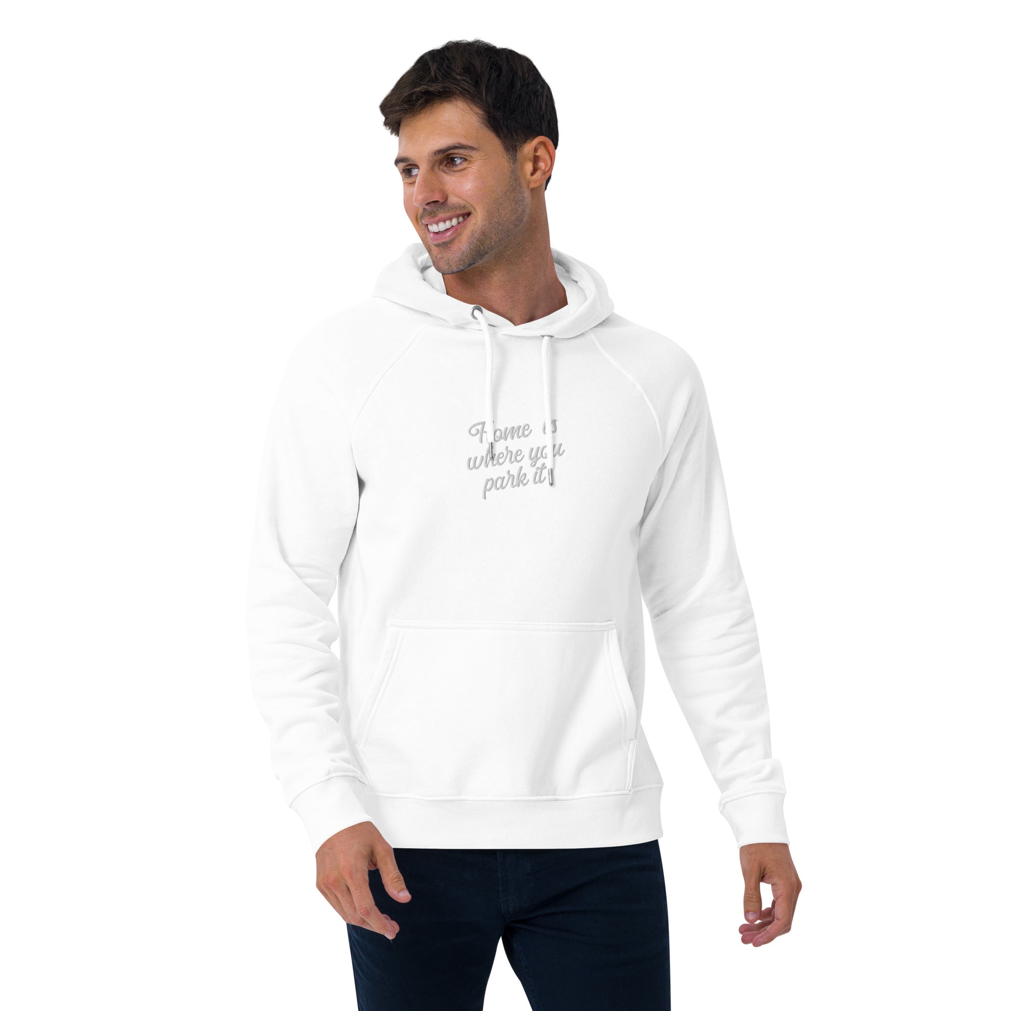 Unisex eco raglan hoodie Square Vintage Campers Home is where you park it white embroidered pattern