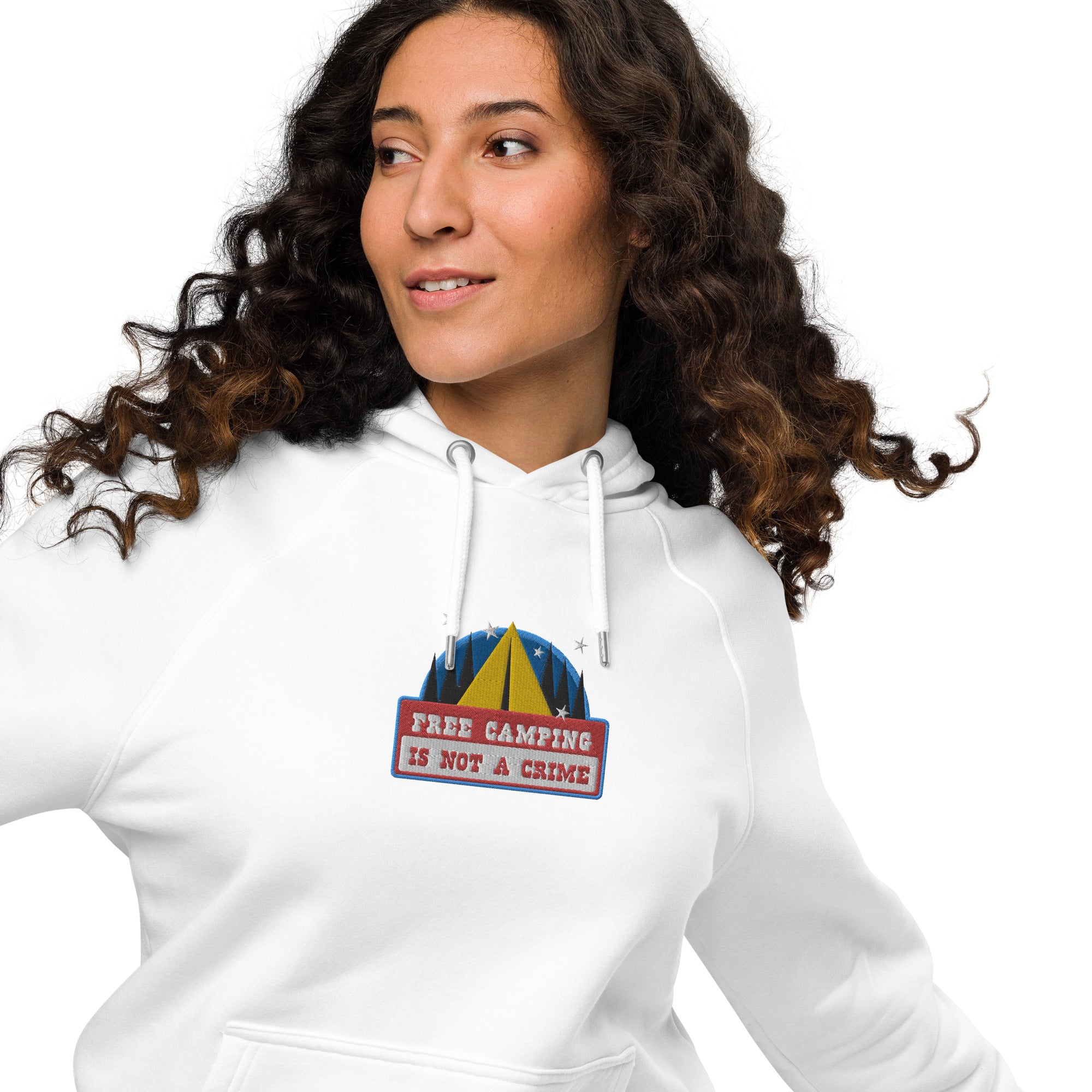 Unisex eco raglan hoodie Free camping is not a crime graphic multicolor embroidered pattern