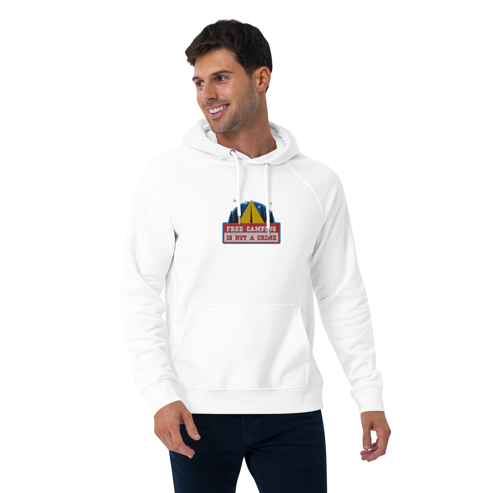 Unisex eco raglan hoodie Free camping is not a crime graphic multicolor embroidered pattern