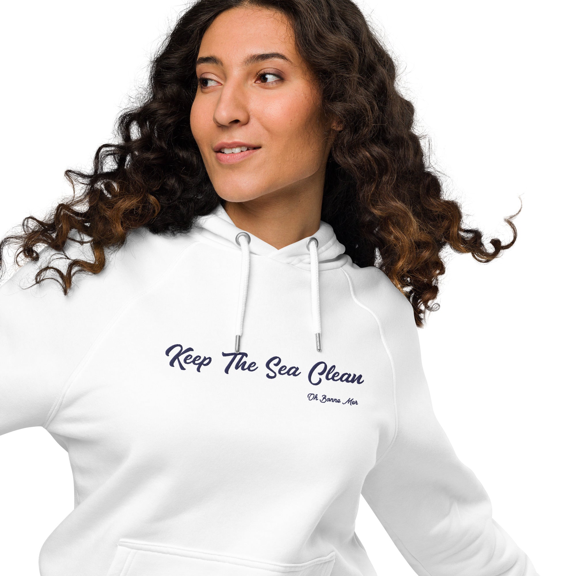 Unisex eco raglan hoodie Keep The Sea Clean large navy embroidered pattern