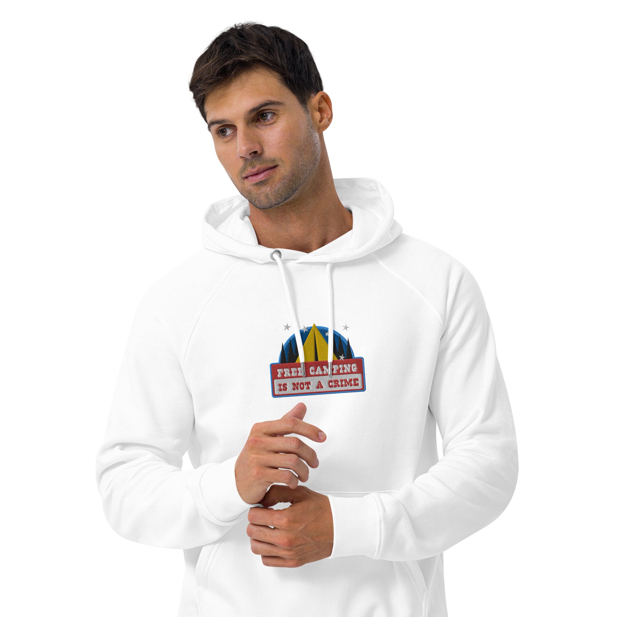 Unisex eco raglan hoodie Free camping is not a crime graphic multicolor embroidered pattern