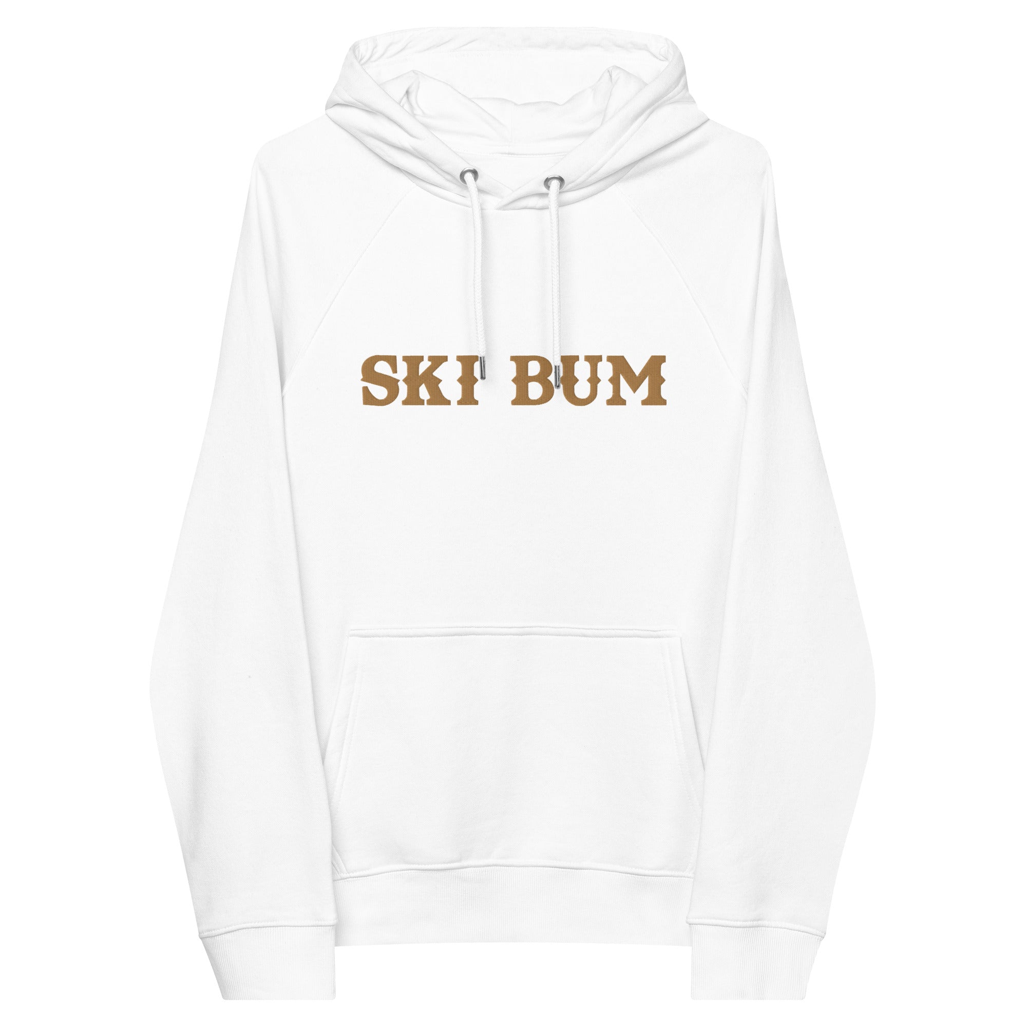 Unisex eco raglan hoodie Ski Bum large old gold embroidered pattern