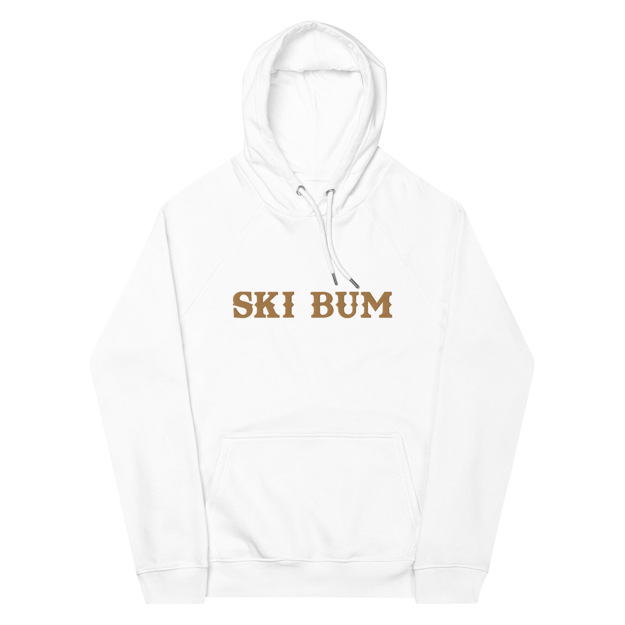 Unisex eco raglan hoodie Ski Bum large old gold embroidered pattern