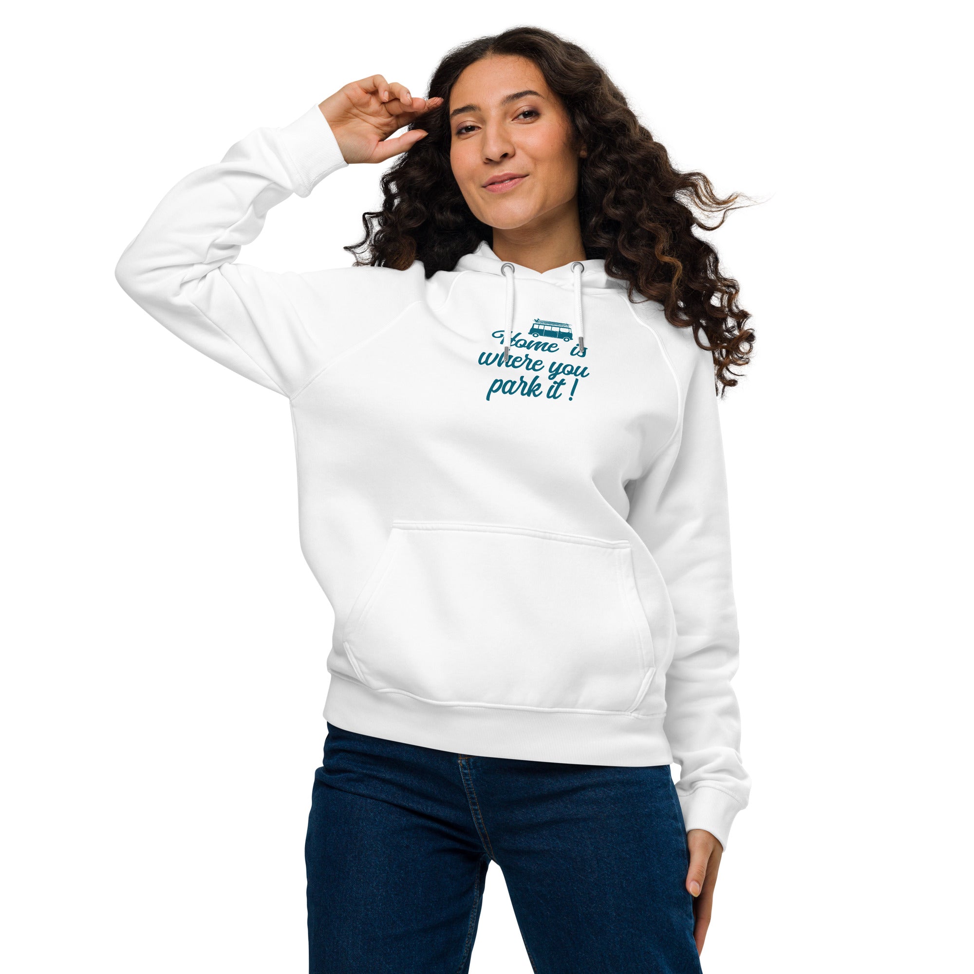 Unisex eco raglan hoodie Blue Surf Combi Home is where you park it