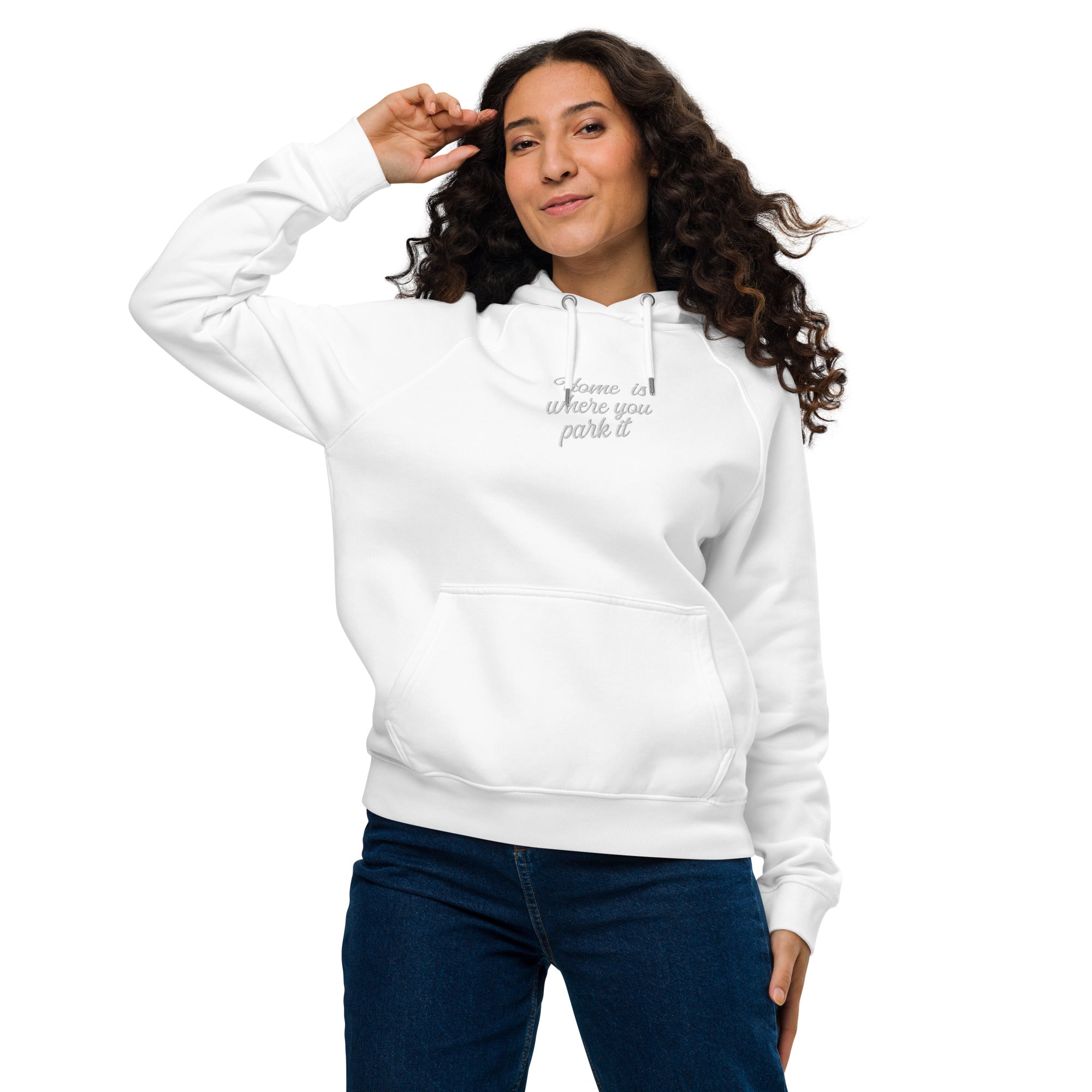 Unisex eco raglan hoodie Square Vintage Campers Home is where you park it white embroidered pattern