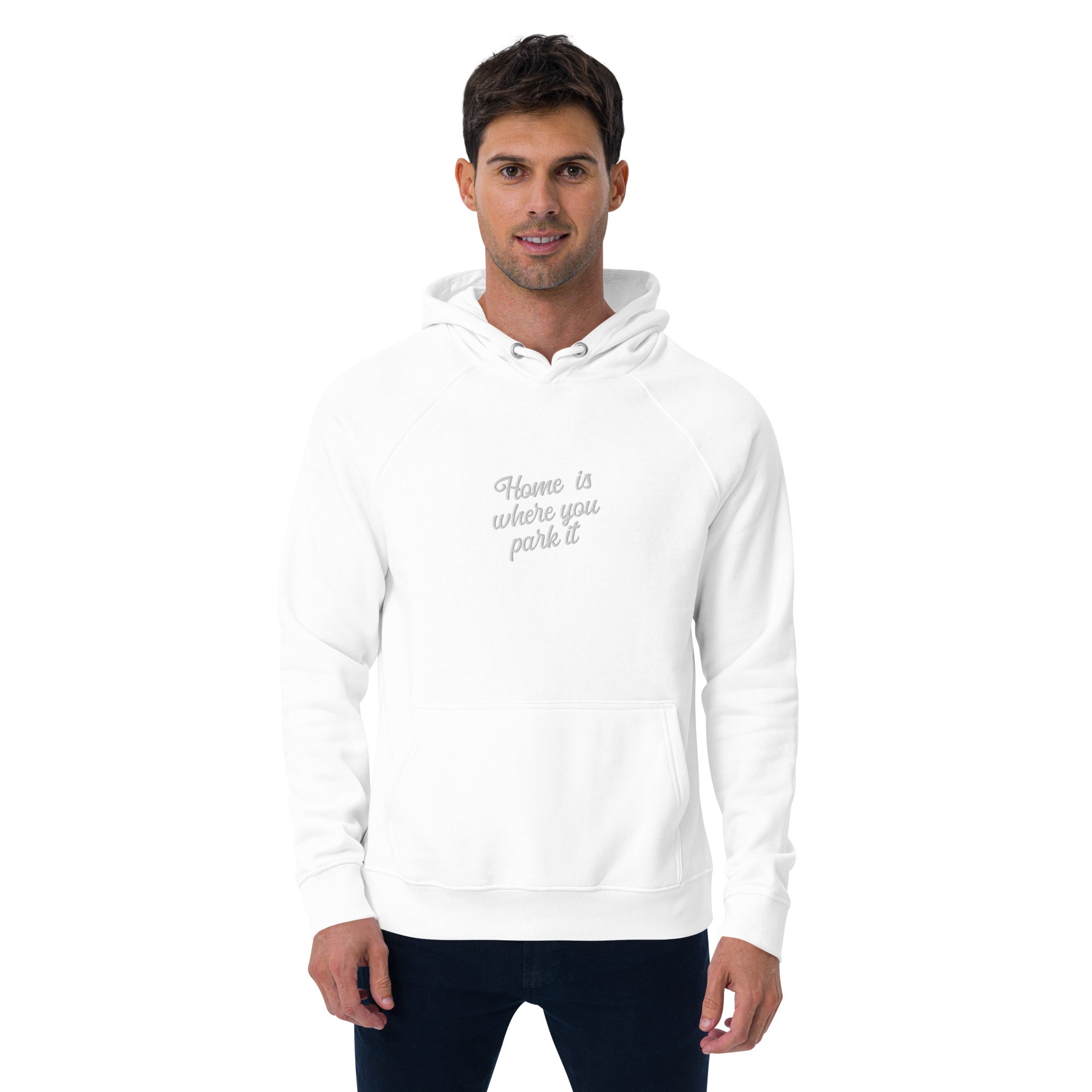 Unisex eco raglan hoodie Square Vintage Campers Home is where you park it white embroidered pattern