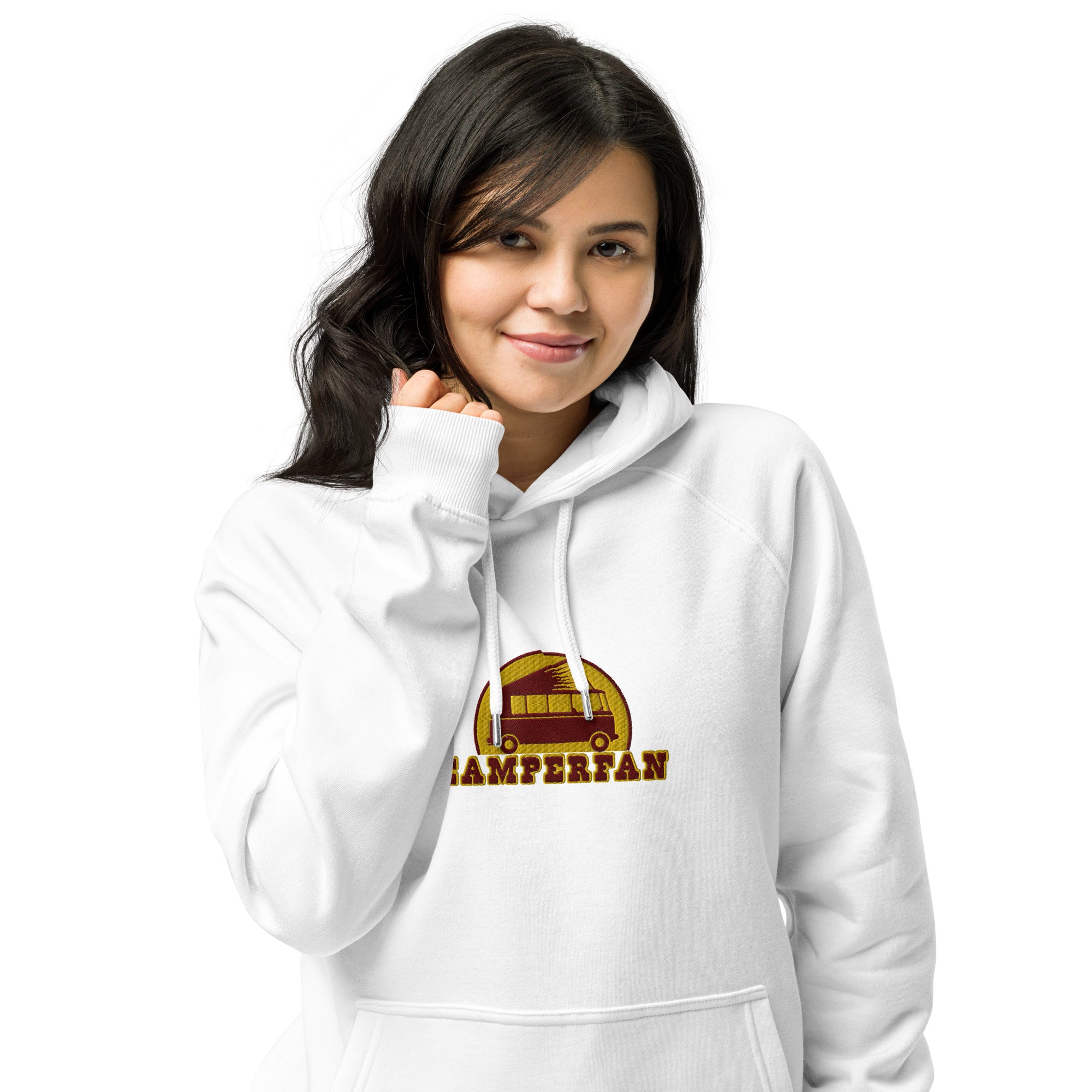 Unisex eco raglan hoodie maroon/gold embroidered pattern