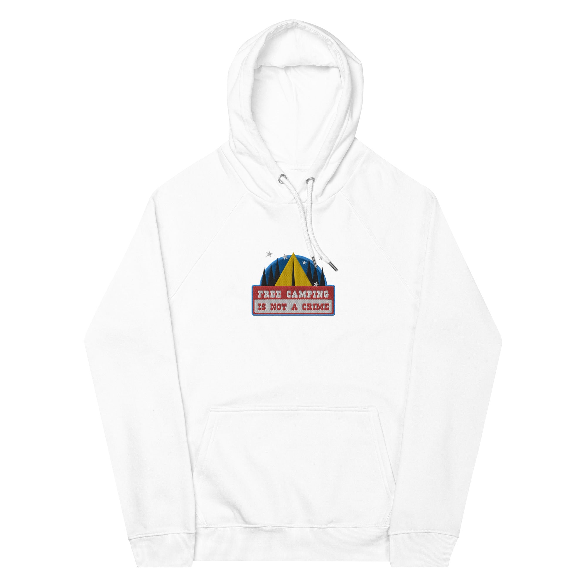 Unisex eco raglan hoodie Free camping is not a crime graphic multicolor embroidered pattern