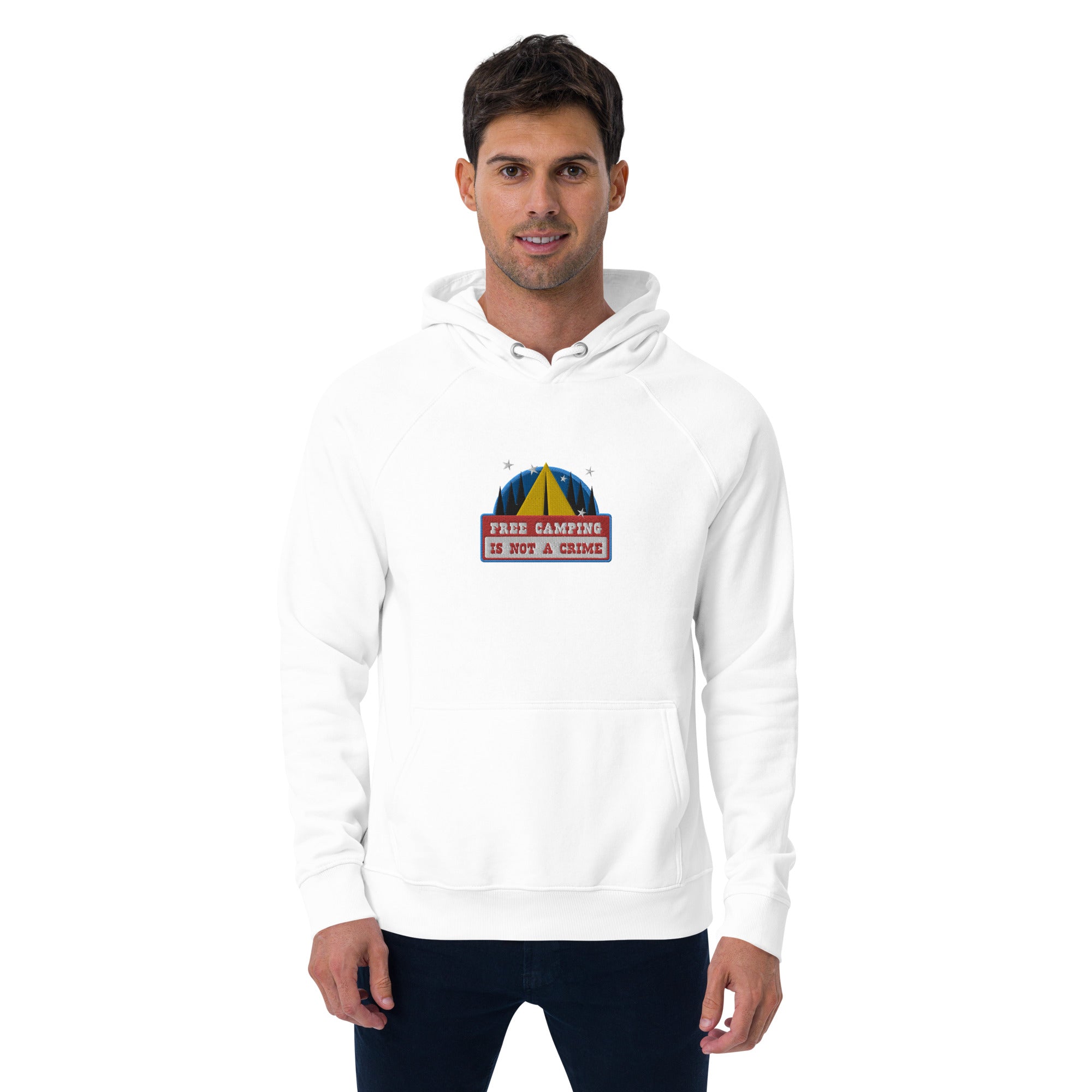 Unisex eco raglan hoodie Free camping is not a crime graphic multicolor embroidered pattern