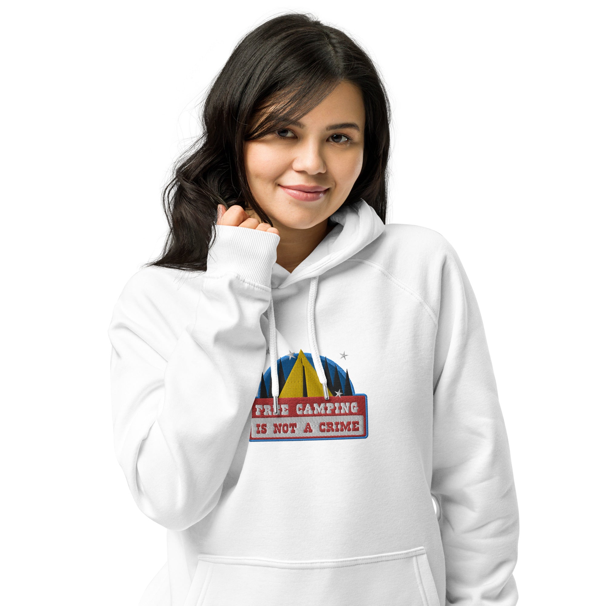 Unisex eco raglan hoodie Free camping is not a crime graphic multicolor embroidered pattern