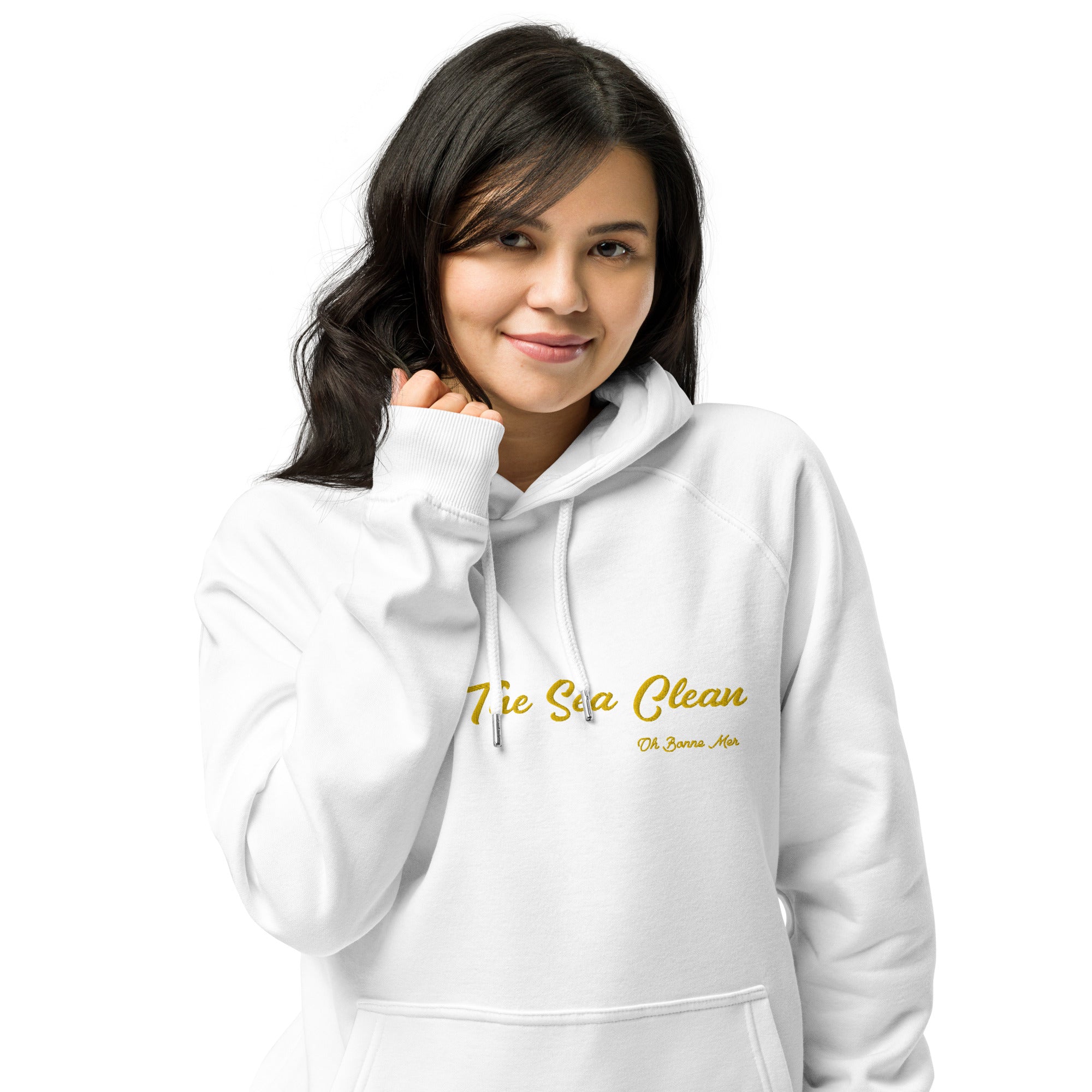 Unisex eco raglan hoodie Keep The Sea Clean large gold embroidered pattern