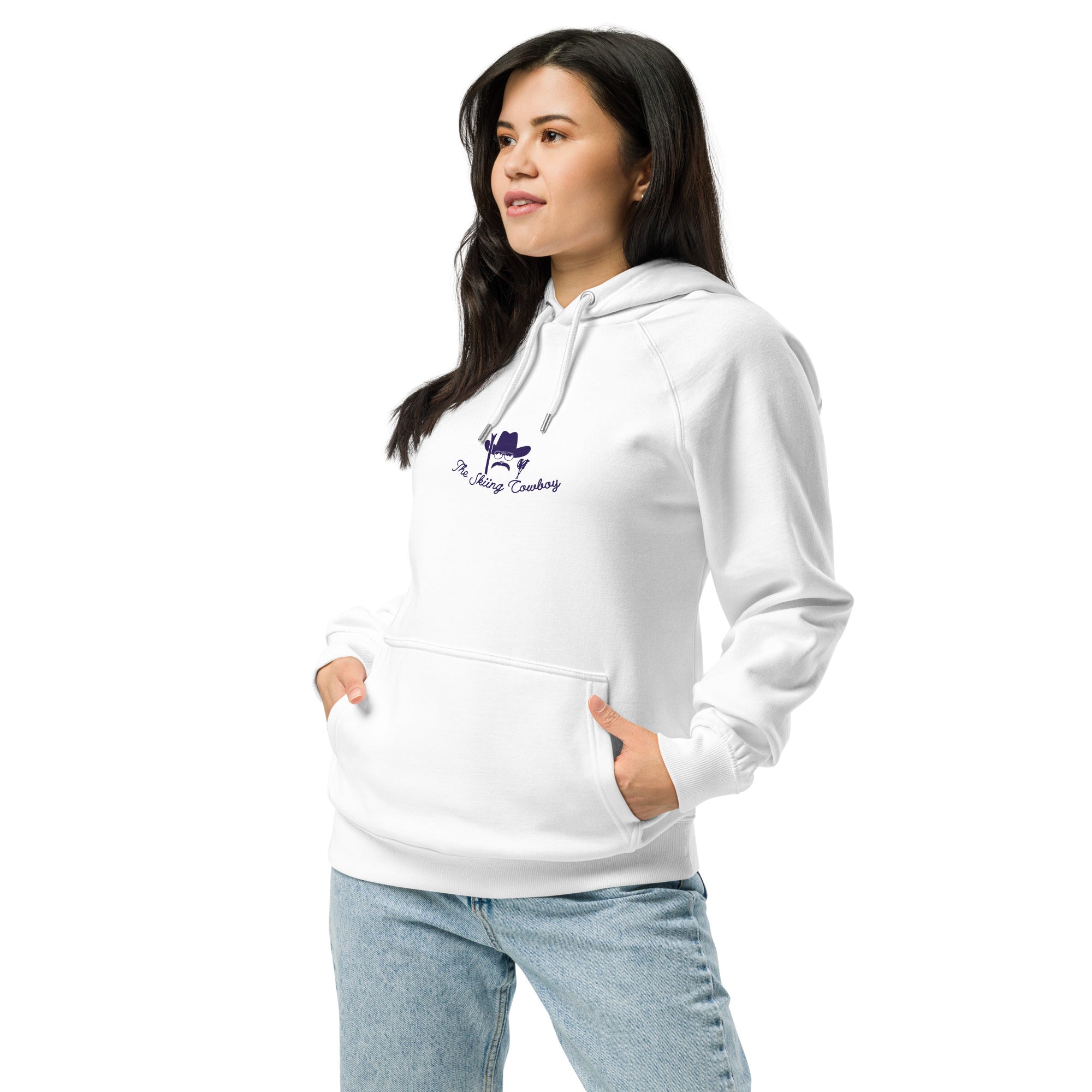 Unisex eco raglan hoodie The Skiing Cowboy Duel Silhouette (front & back)