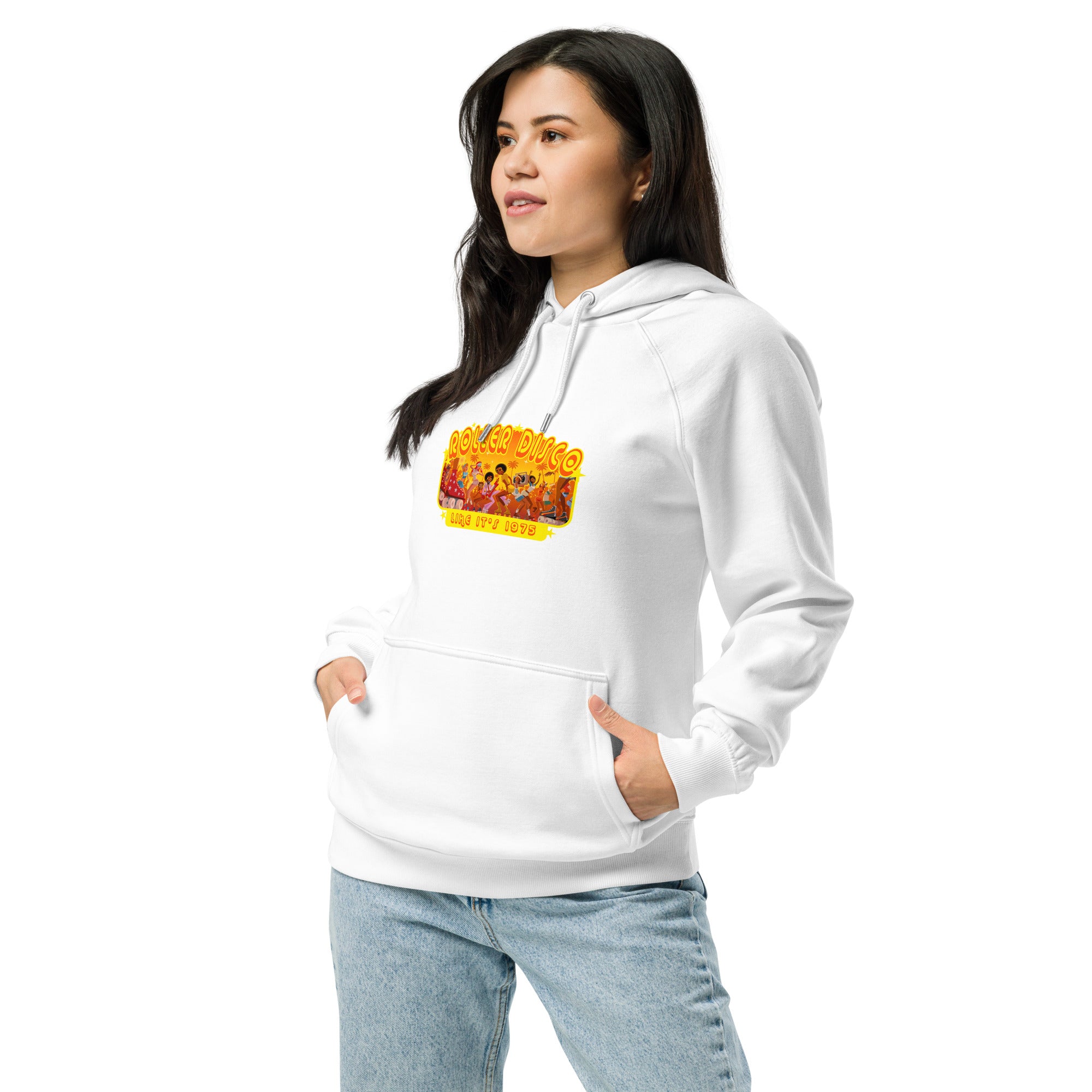 Unisex eco raglan hoodie Roller Disco (front & back)