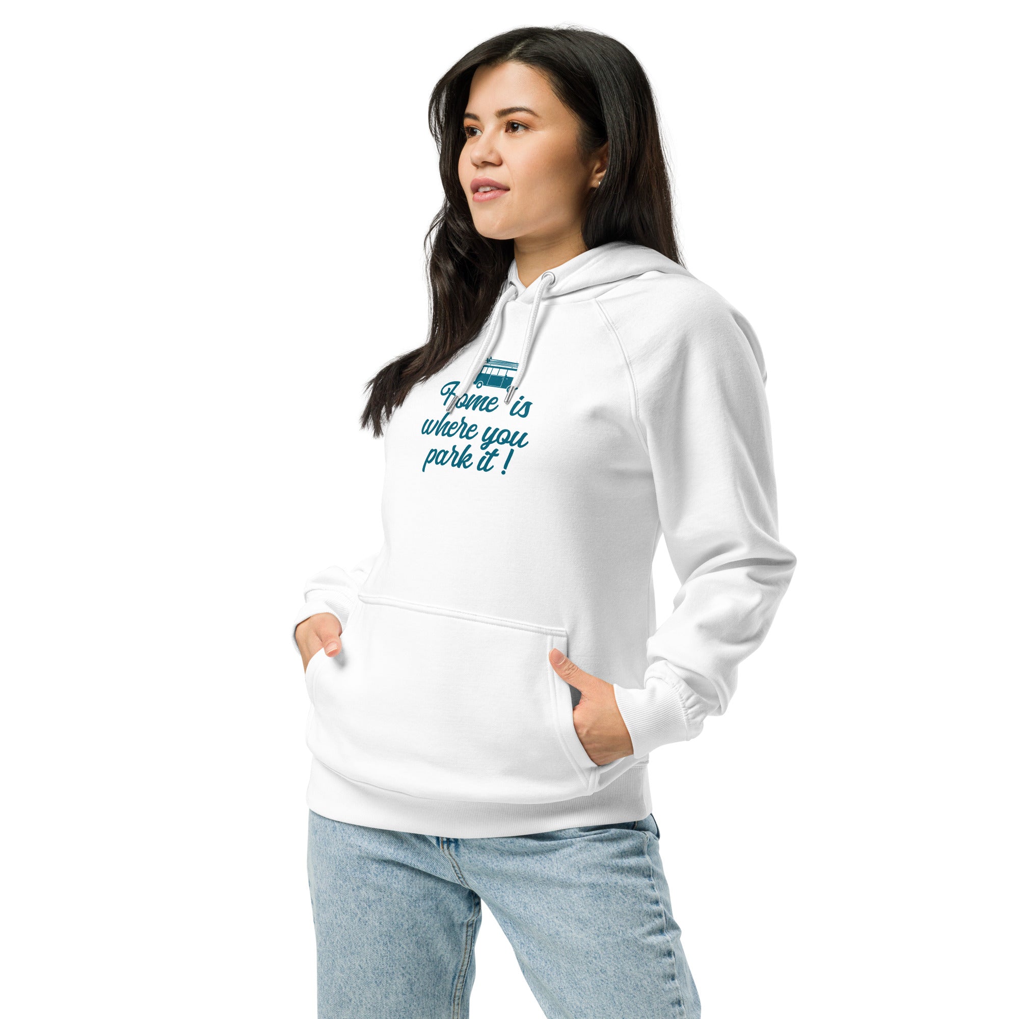 Unisex eco raglan hoodie Blue Surf Combi Home is where you park it