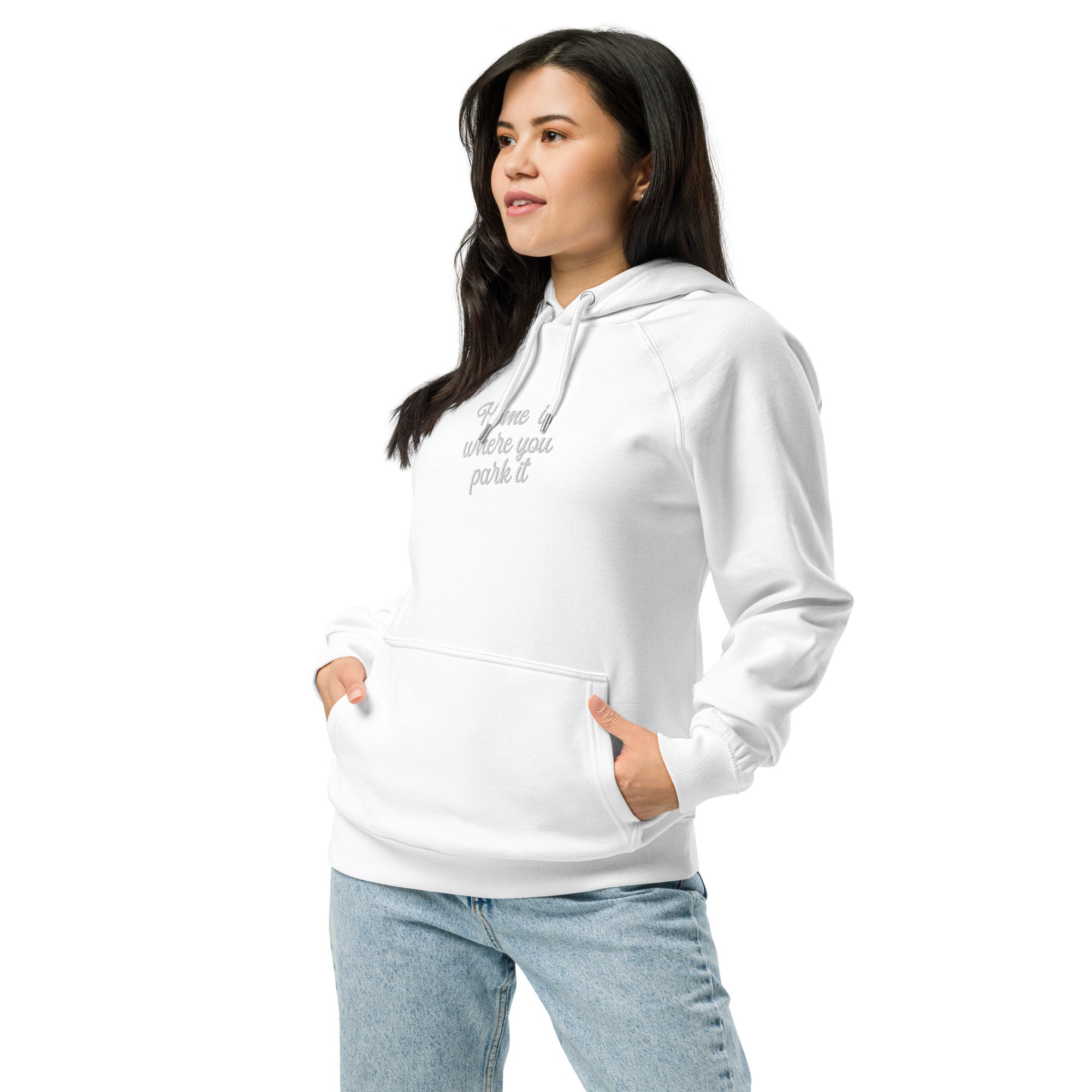 Unisex eco raglan hoodie Square Vintage Campers Home is where you park it white embroidered pattern