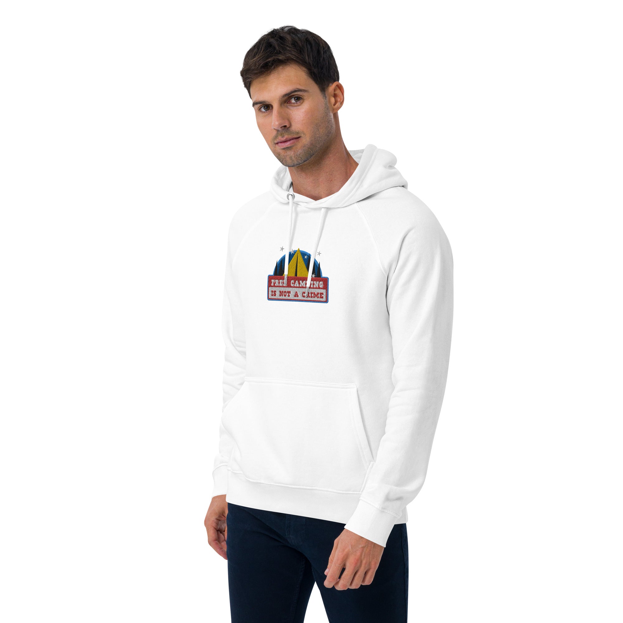 Unisex eco raglan hoodie Free camping is not a crime graphic multicolor embroidered pattern