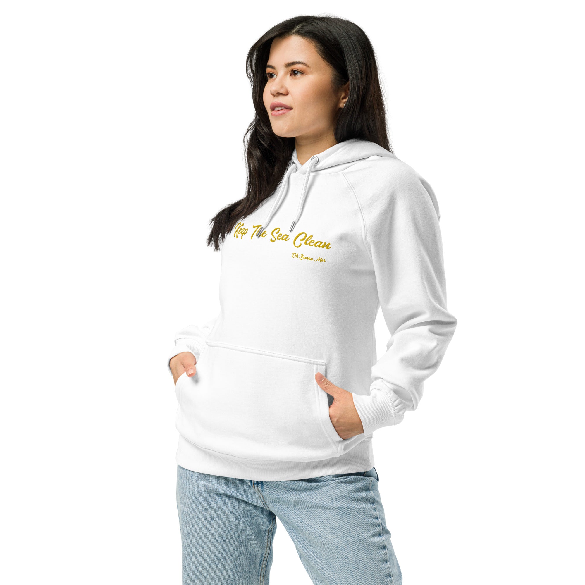 Unisex eco raglan hoodie Keep The Sea Clean large gold embroidered pattern