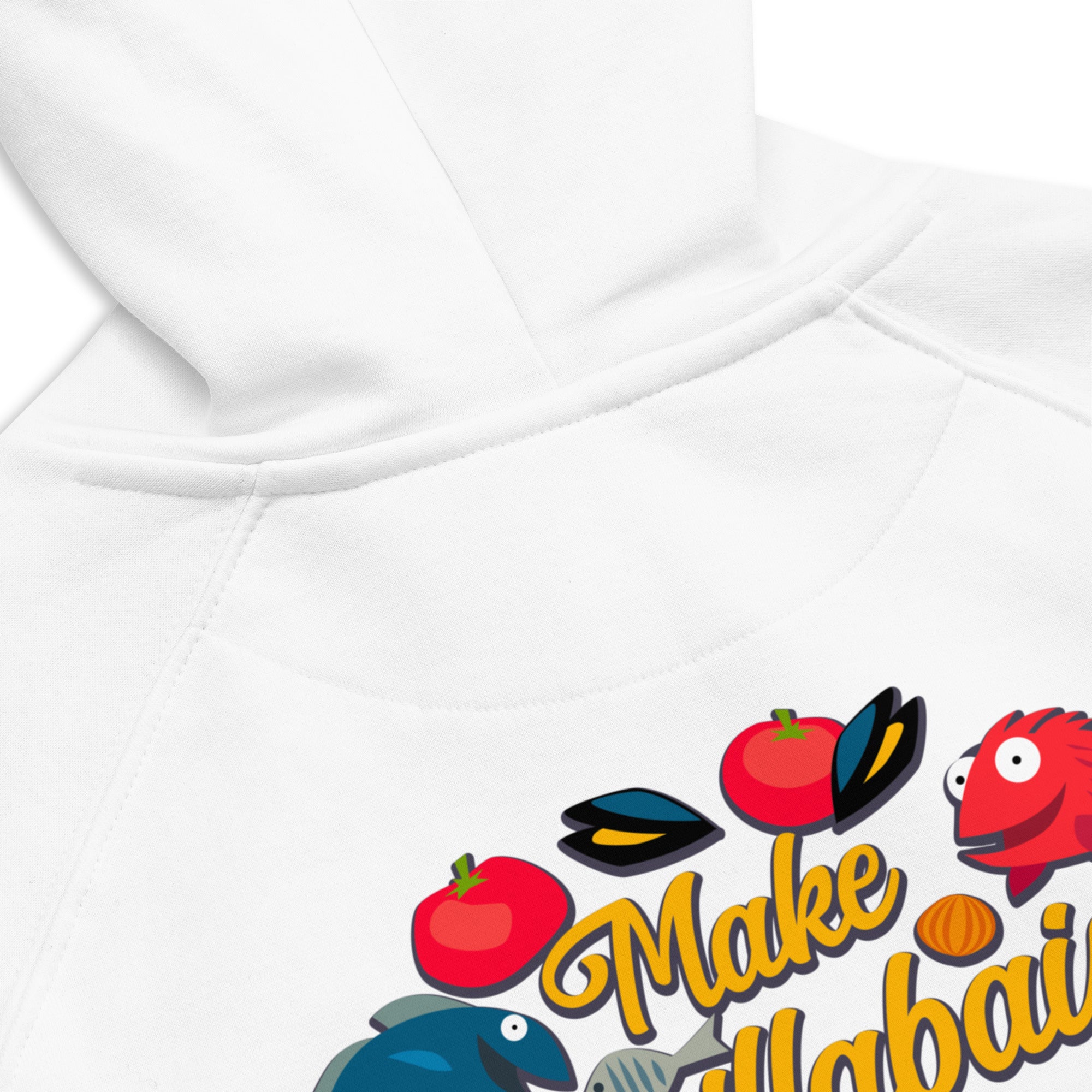 Unisex eco raglan hoodie Make Bouillabaisse Not War embroidered pattern (front) + print (back)