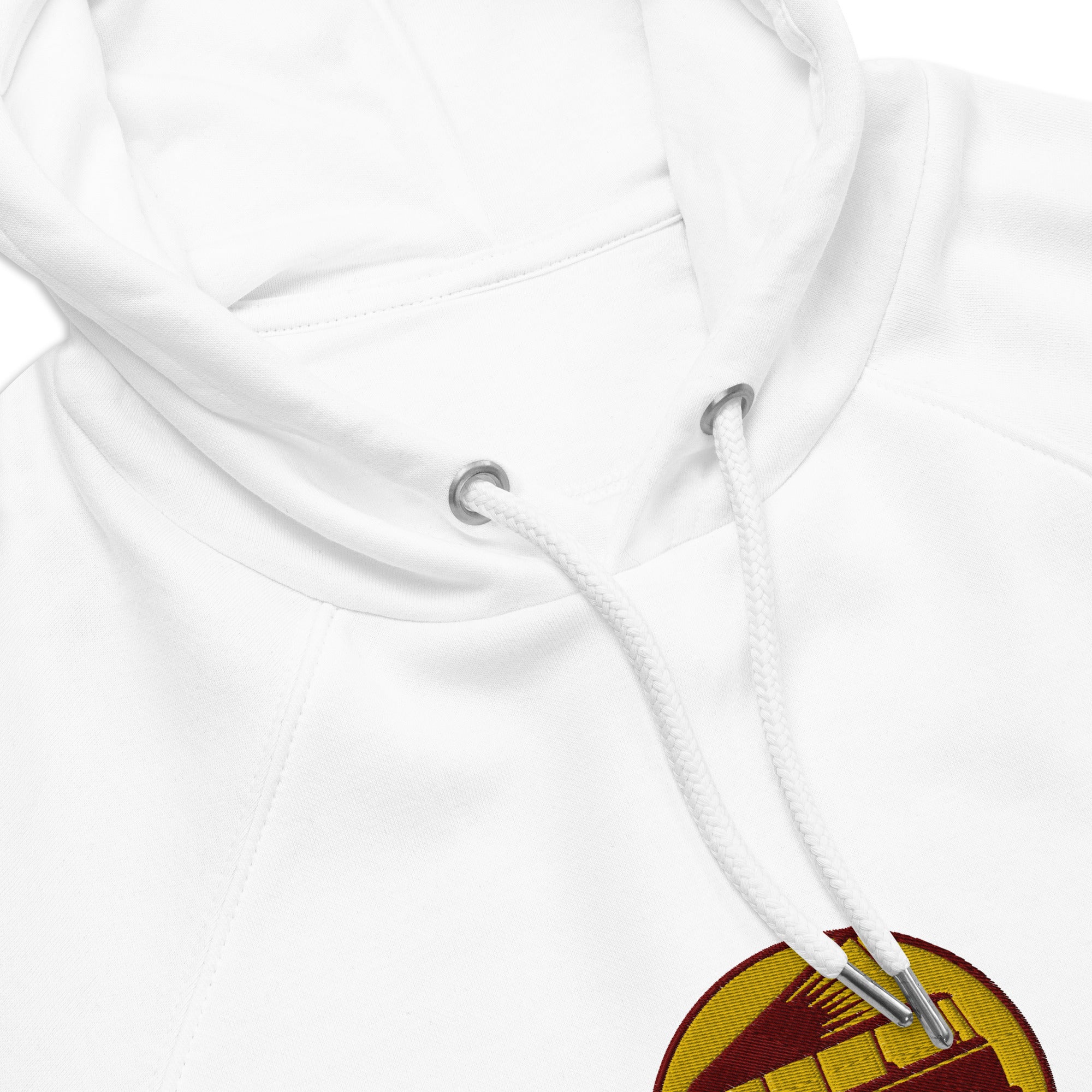 Unisex eco raglan hoodie maroon/gold embroidered pattern