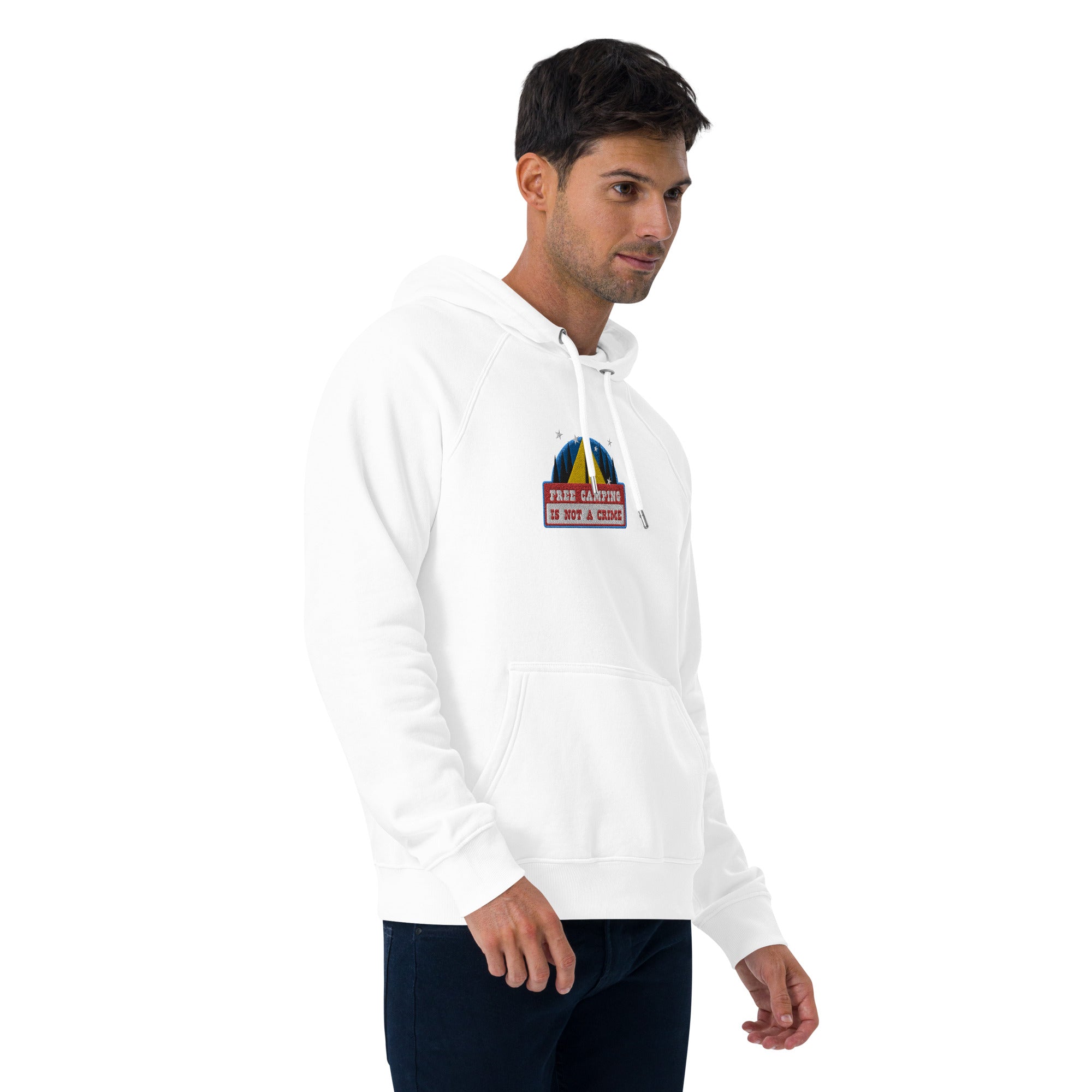 Unisex eco raglan hoodie Free camping is not a crime graphic multicolor embroidered pattern