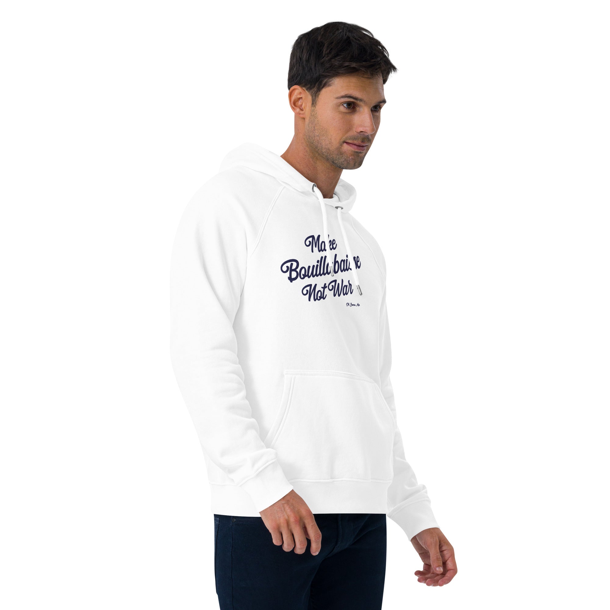 Sweat à capuche écologique Raglan unisexe Make Bouillabaisse Not War grand motif brodé navy