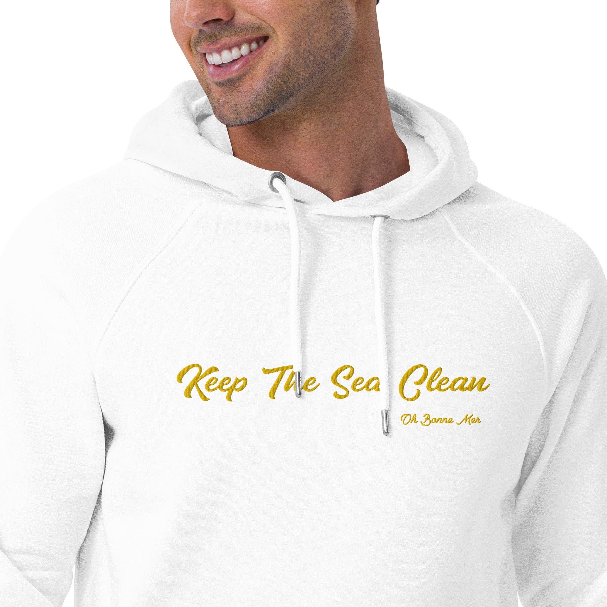 Unisex eco raglan hoodie Keep The Sea Clean large gold embroidered pattern