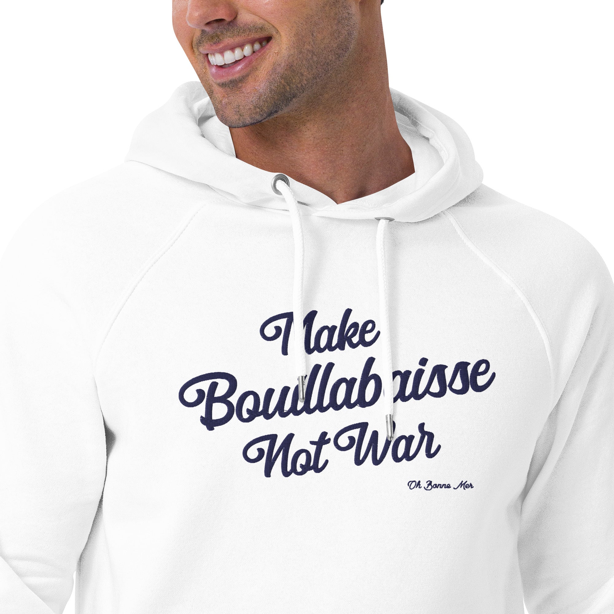 Sweat à capuche écologique Raglan unisexe Make Bouillabaisse Not War grand motif brodé navy